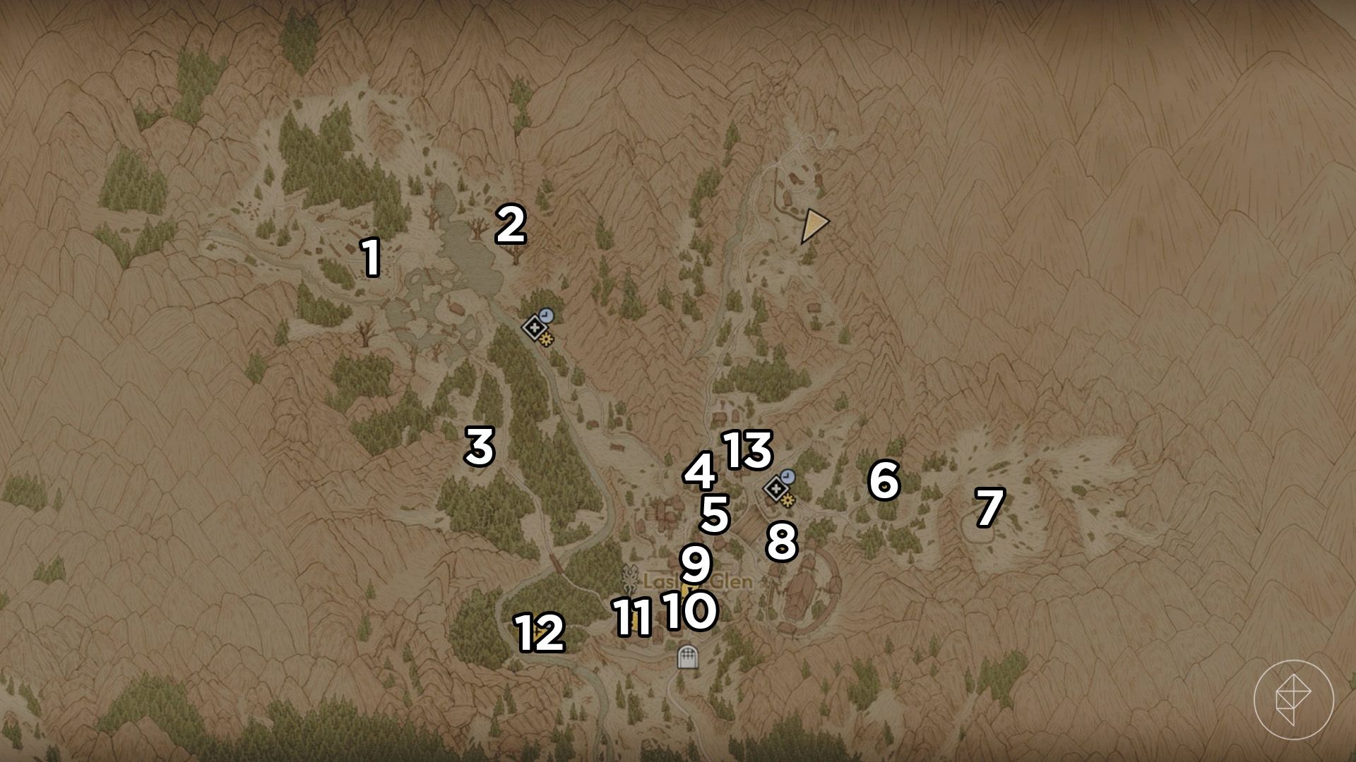 A map of Laslea Glen that features every quest in the prologue of The Blood of Dawnwalker.