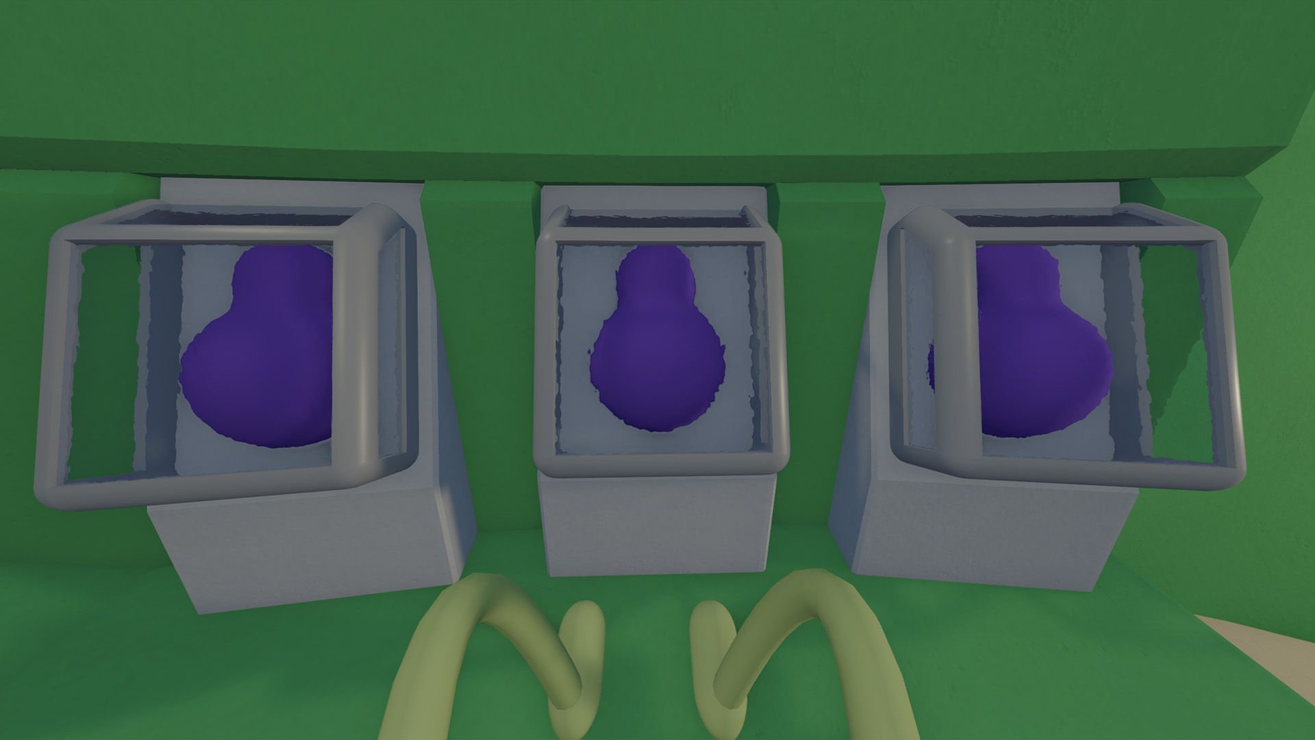 Three purple gourd shaped items inside glass cases in Big Walk.