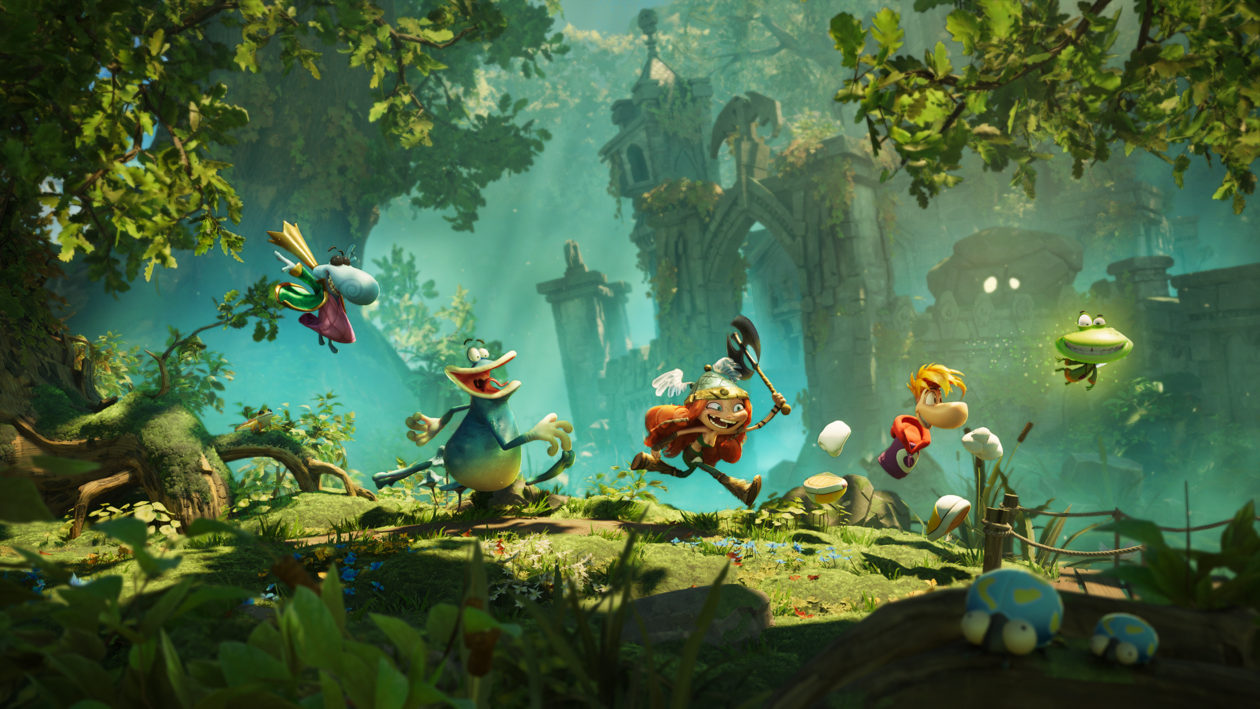 Heroes walk in a line in Rayman Legends Retold.