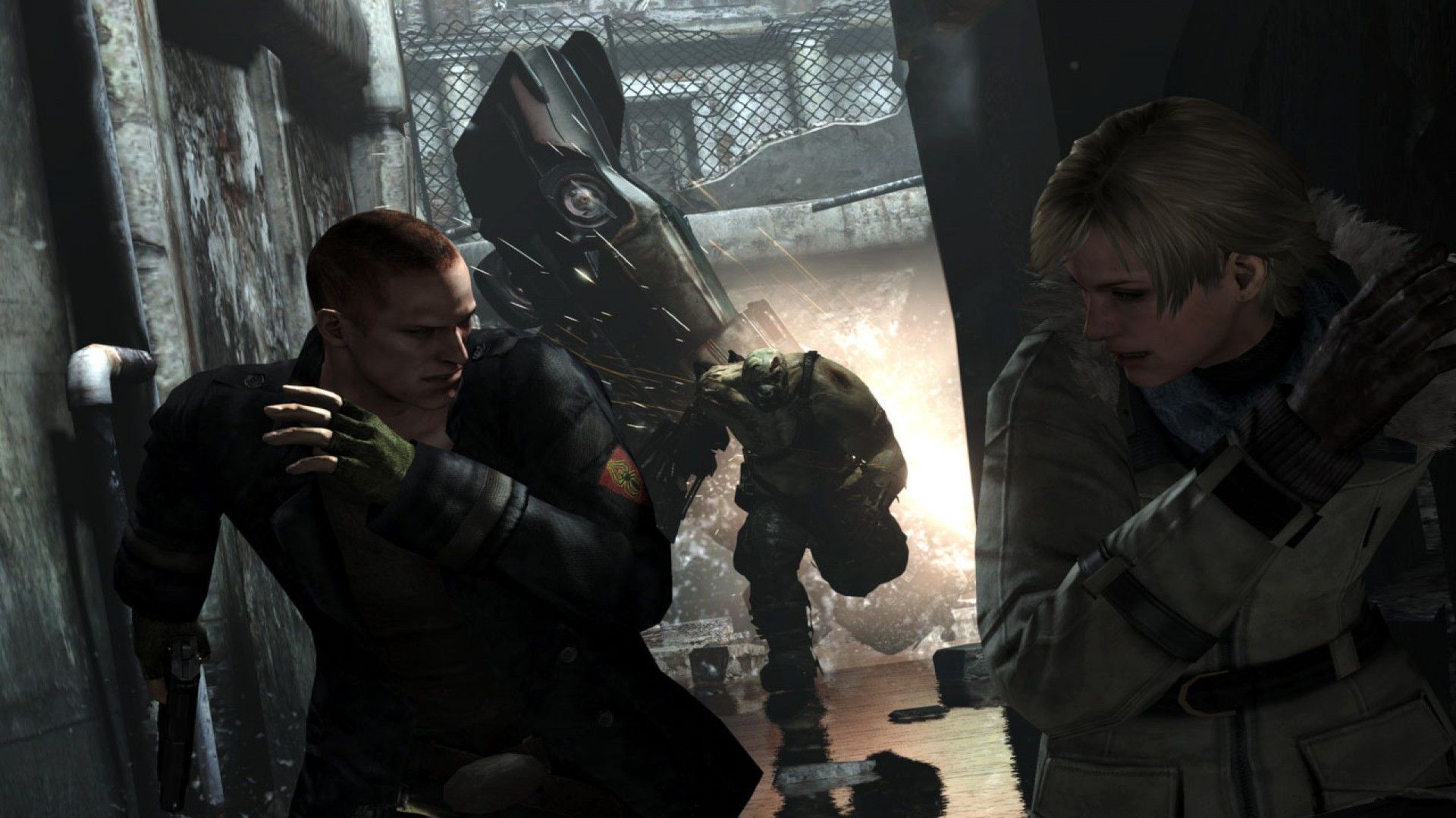 Jake and Sherry run from a monster in Resident Evil 6.