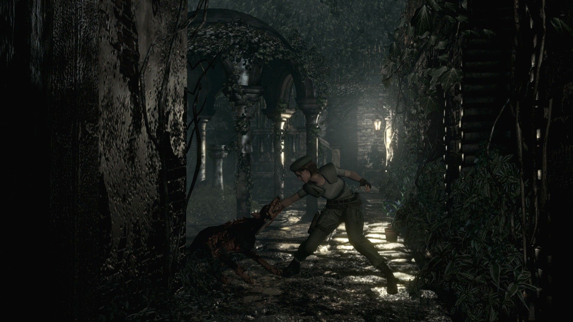 Jill Valentine fights a dog in Resident Evil.