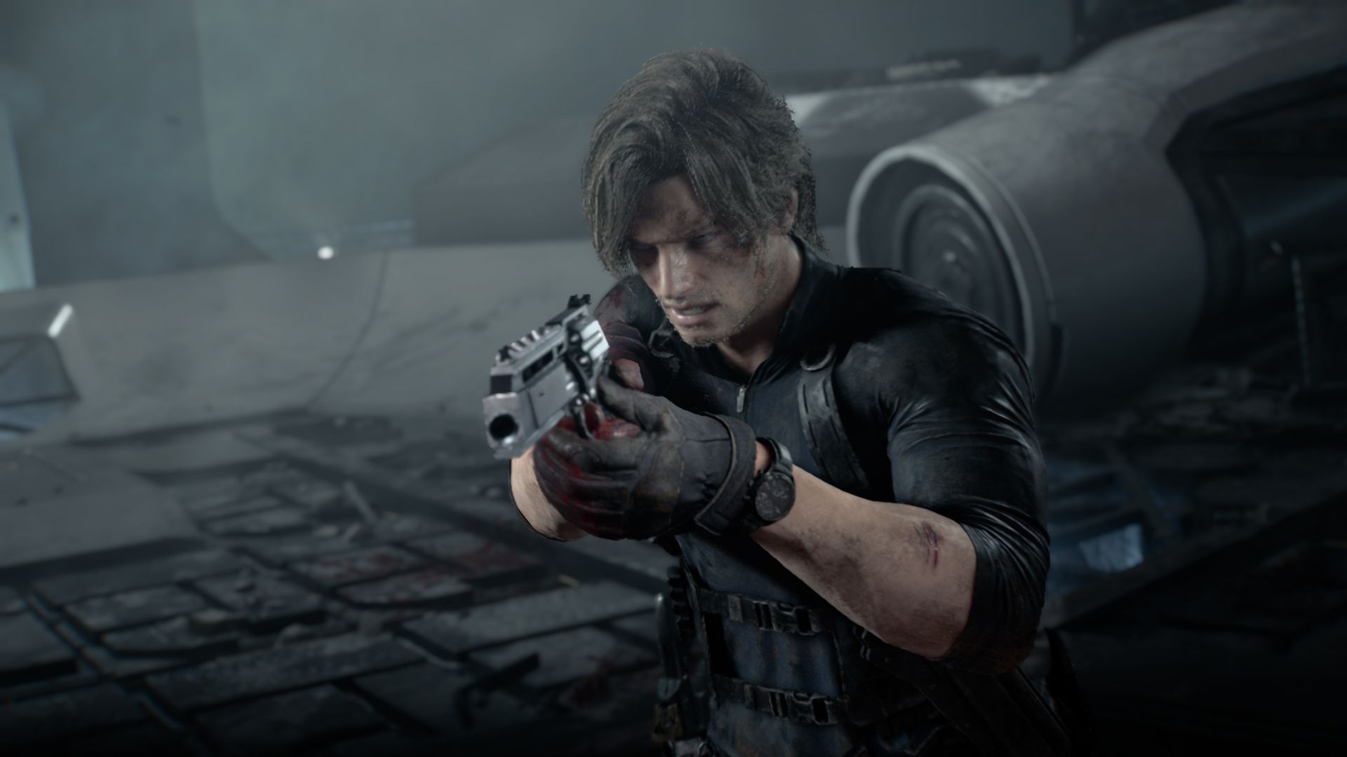Leon Kennedy with the Requiem gun in Resident Evil Requiem