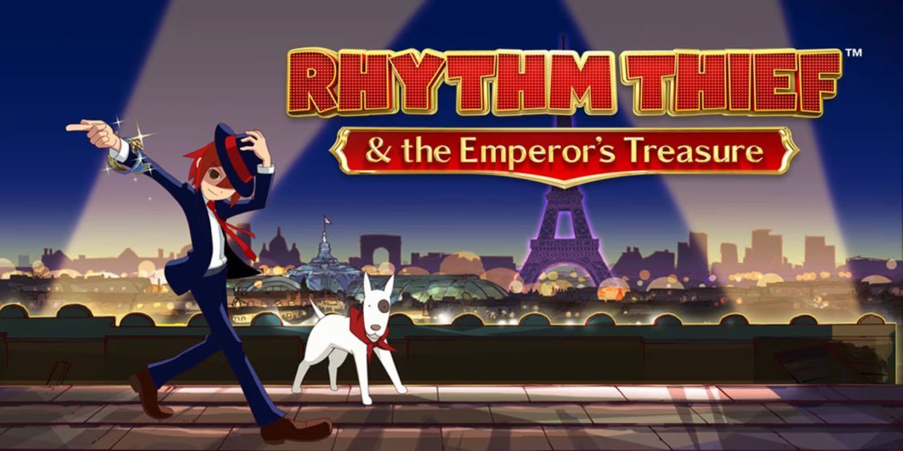 Rhythm Thief and the Emperor's Treasure key art shows hero and dog walking in front of Paris skyline