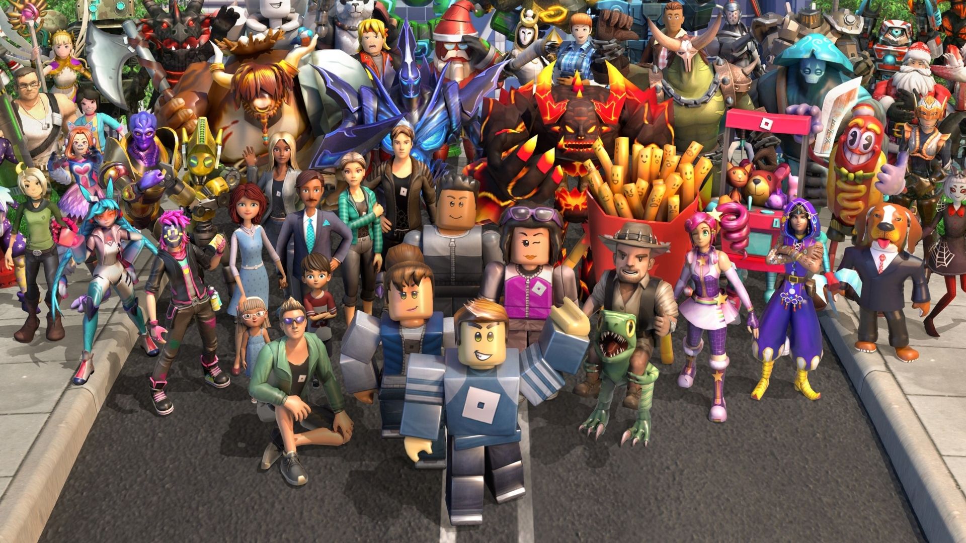 John Roblox and a large group of colorful characters gathered on the street.