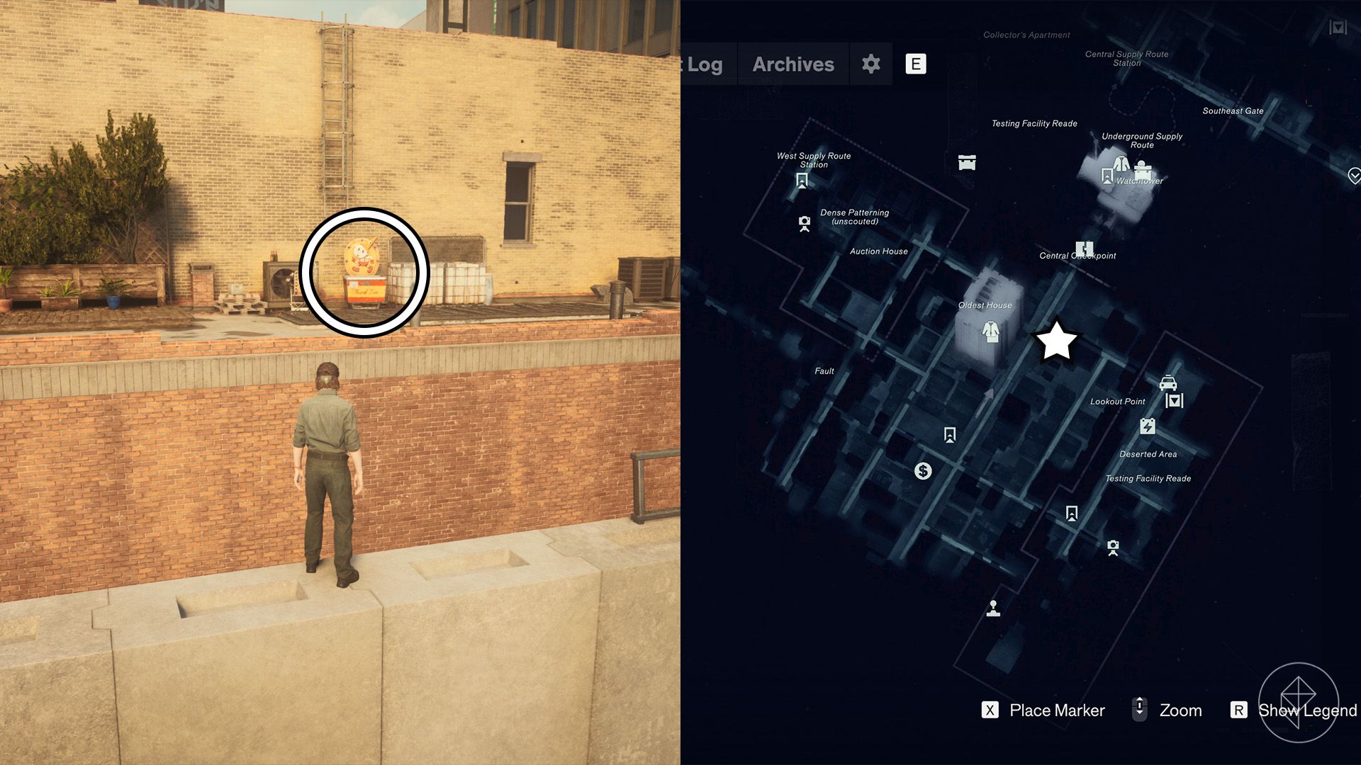 Dylan looking at an ice cream stand on a brick building in Control Resonant.