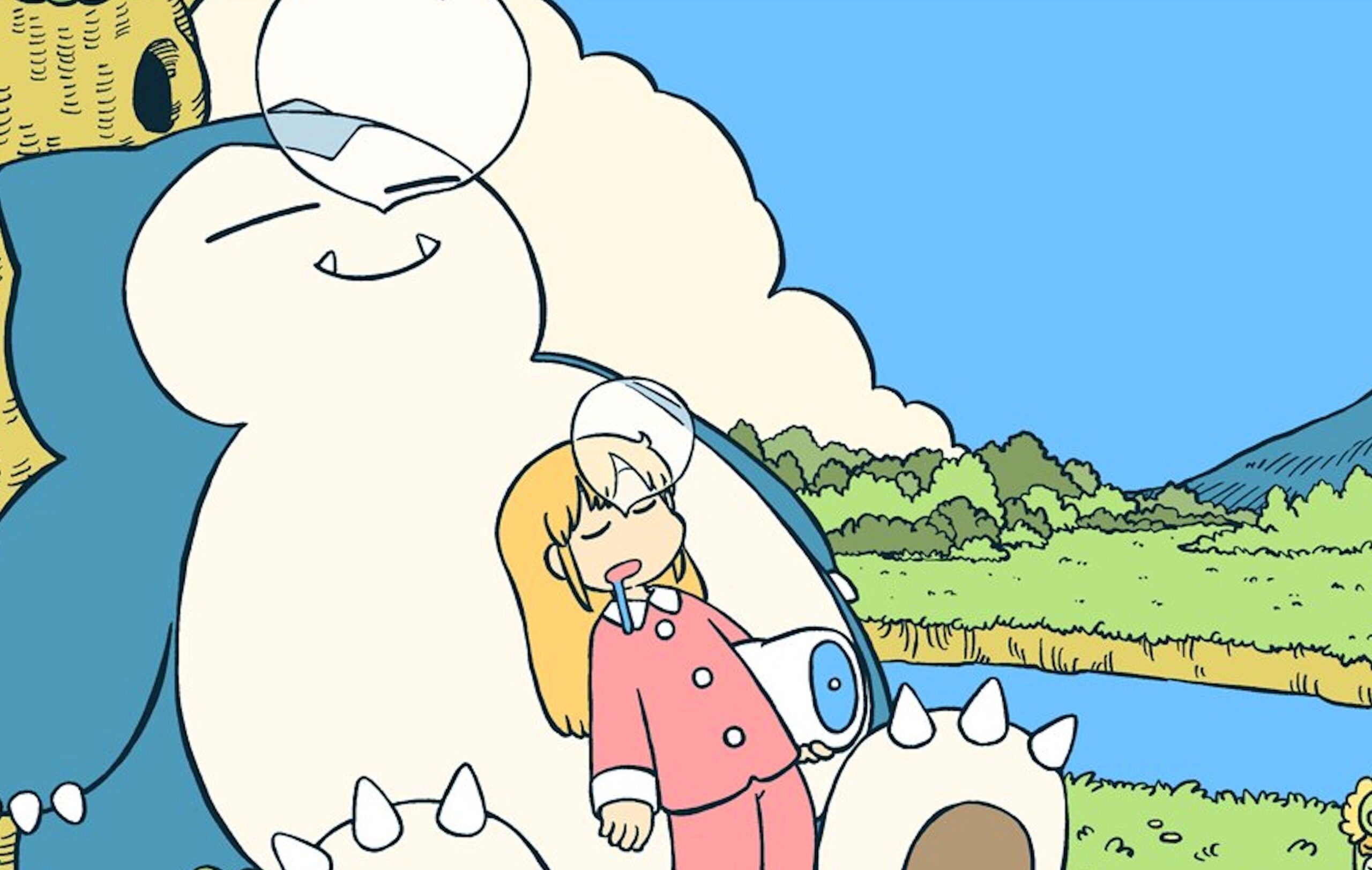 A girl snoozes with a Snorlax