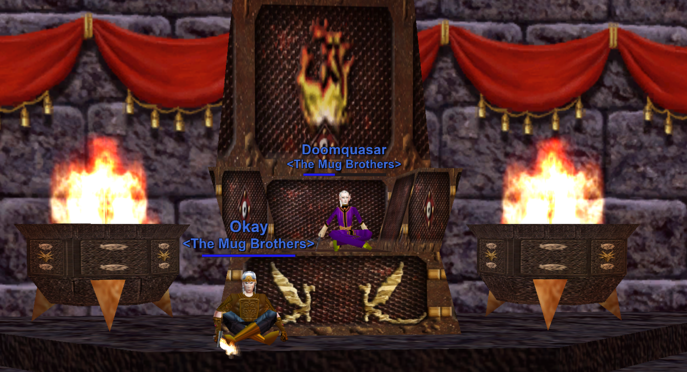 An elf sitting in a massive wooden throne, with another elf on the floor beside the chair
