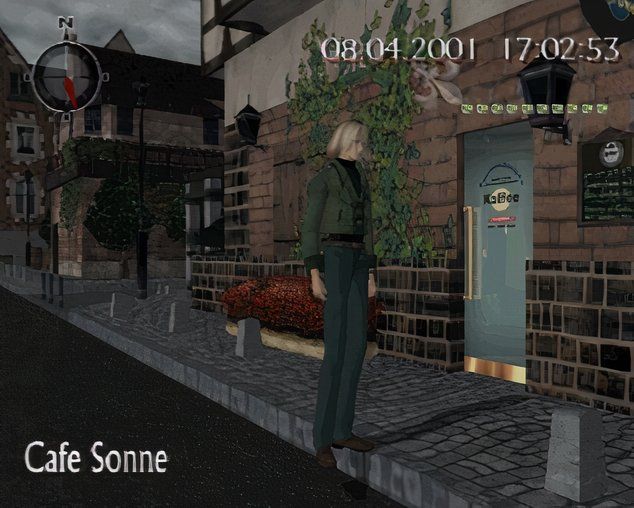A character stands outside of a cafe in Shadow of Destiny.