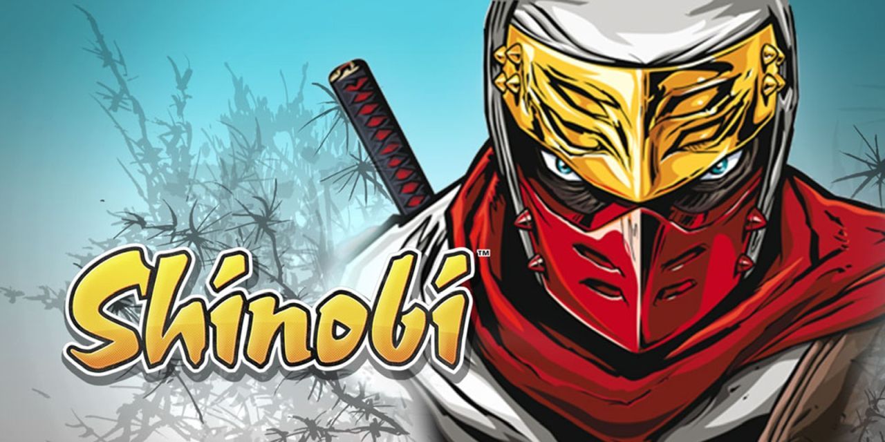 Shinobi 3DS key art features logo and a closeup of Musashi's masked face