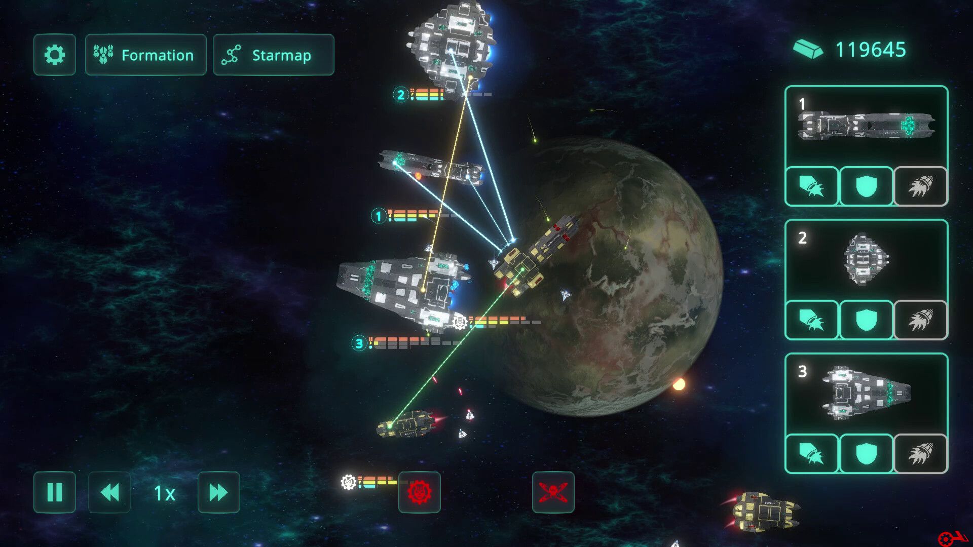 A top down view of space ships battling.