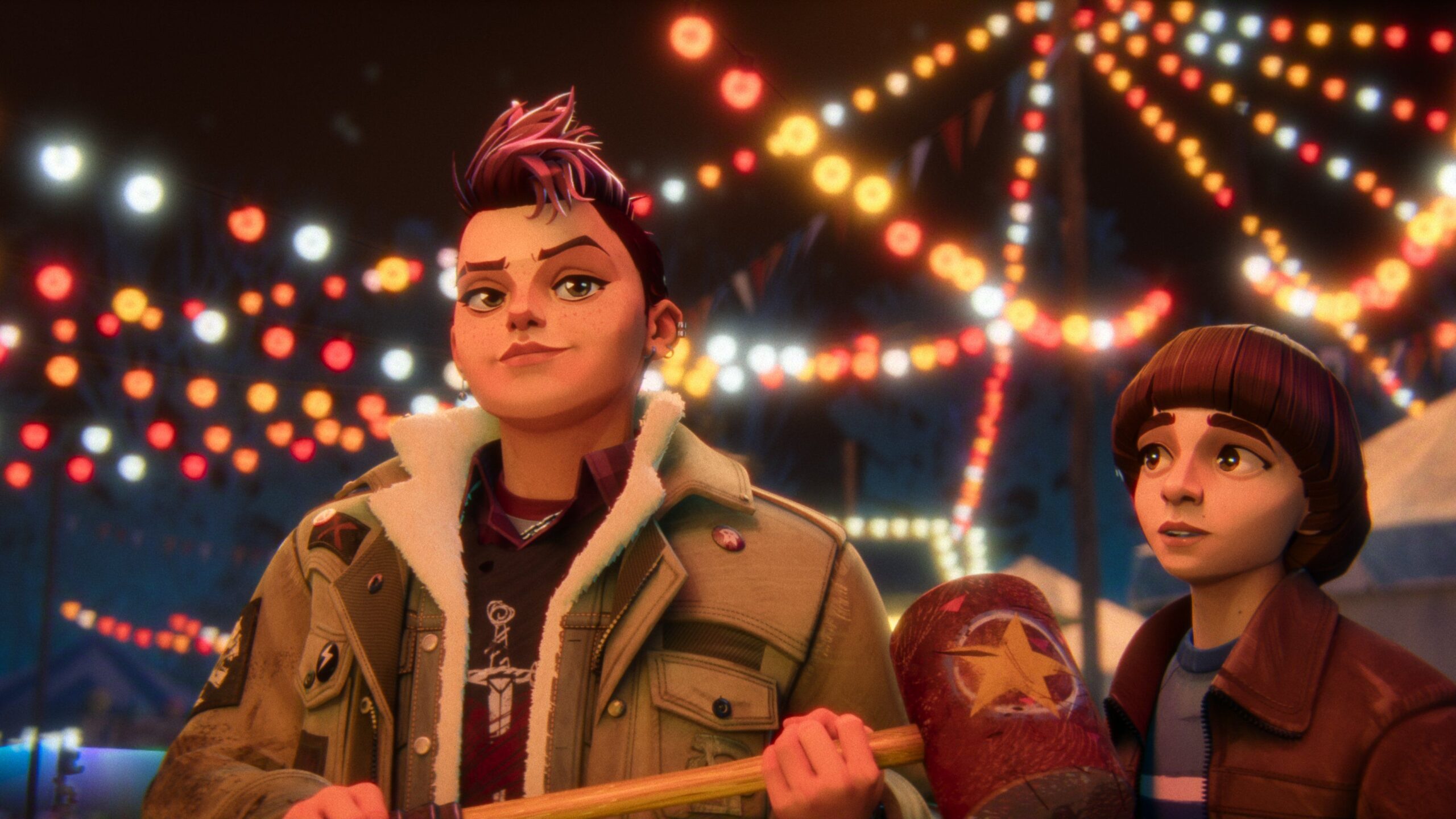 Nikki, a large girl with a spiky pink peak in her hair, holds a mallet and smiles as she prepares to play a carnival game while Will watches in Stranger Things: Tales from ‘85