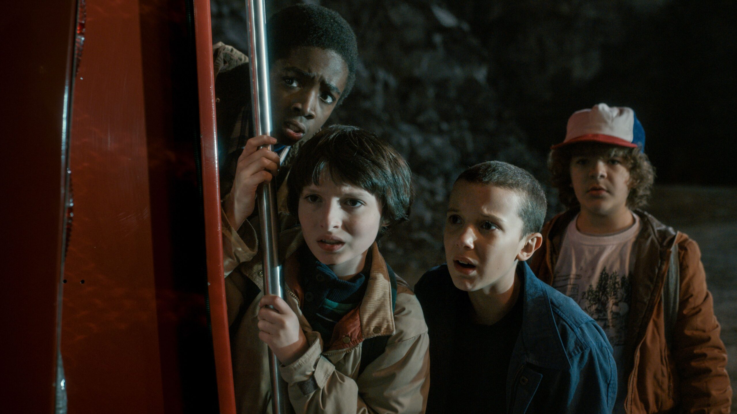 The young cast of Stranger Things from a season 1 still