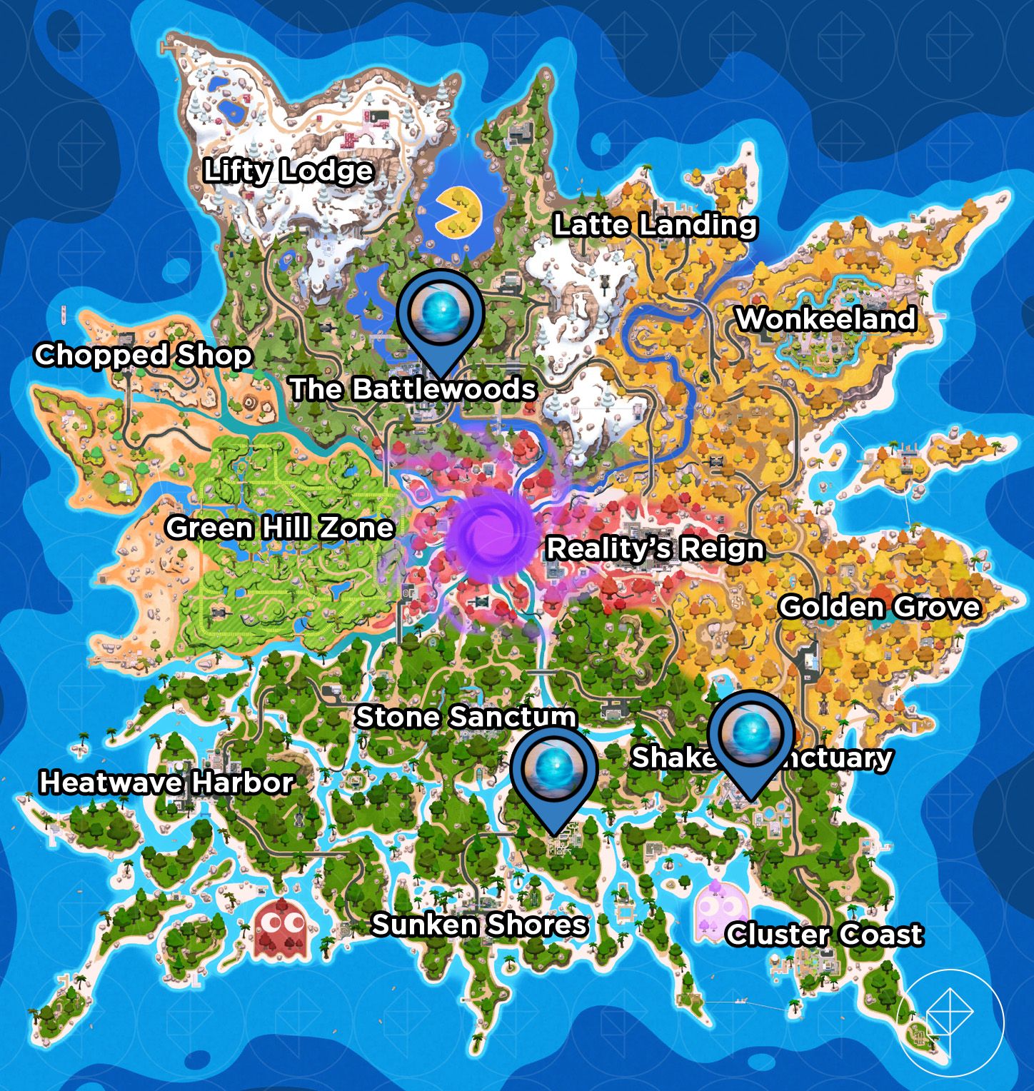 The location of the Geno's memories marked on the Fortnite Chapter 7 Season 4 map.