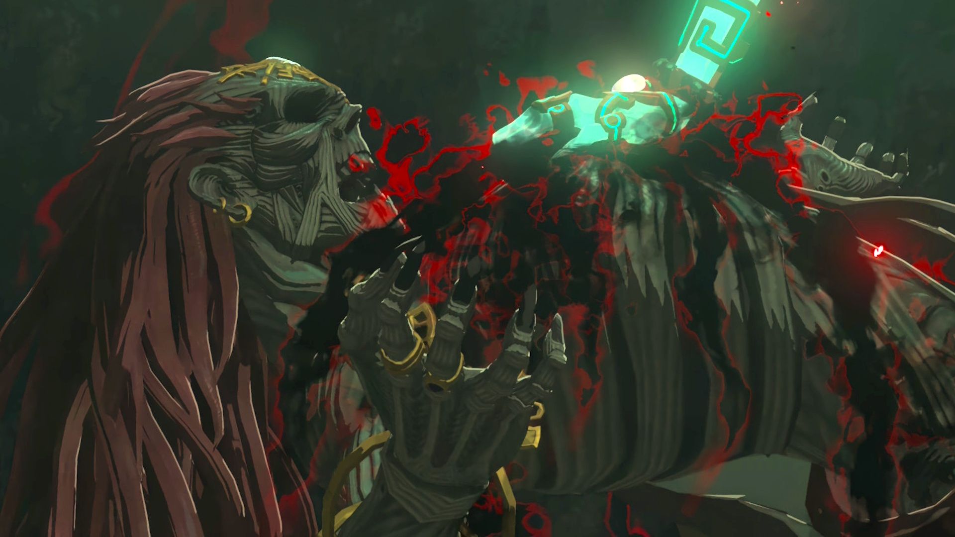 Rauru's hand on Ganondorf's mummy in Tears of the Kingdom