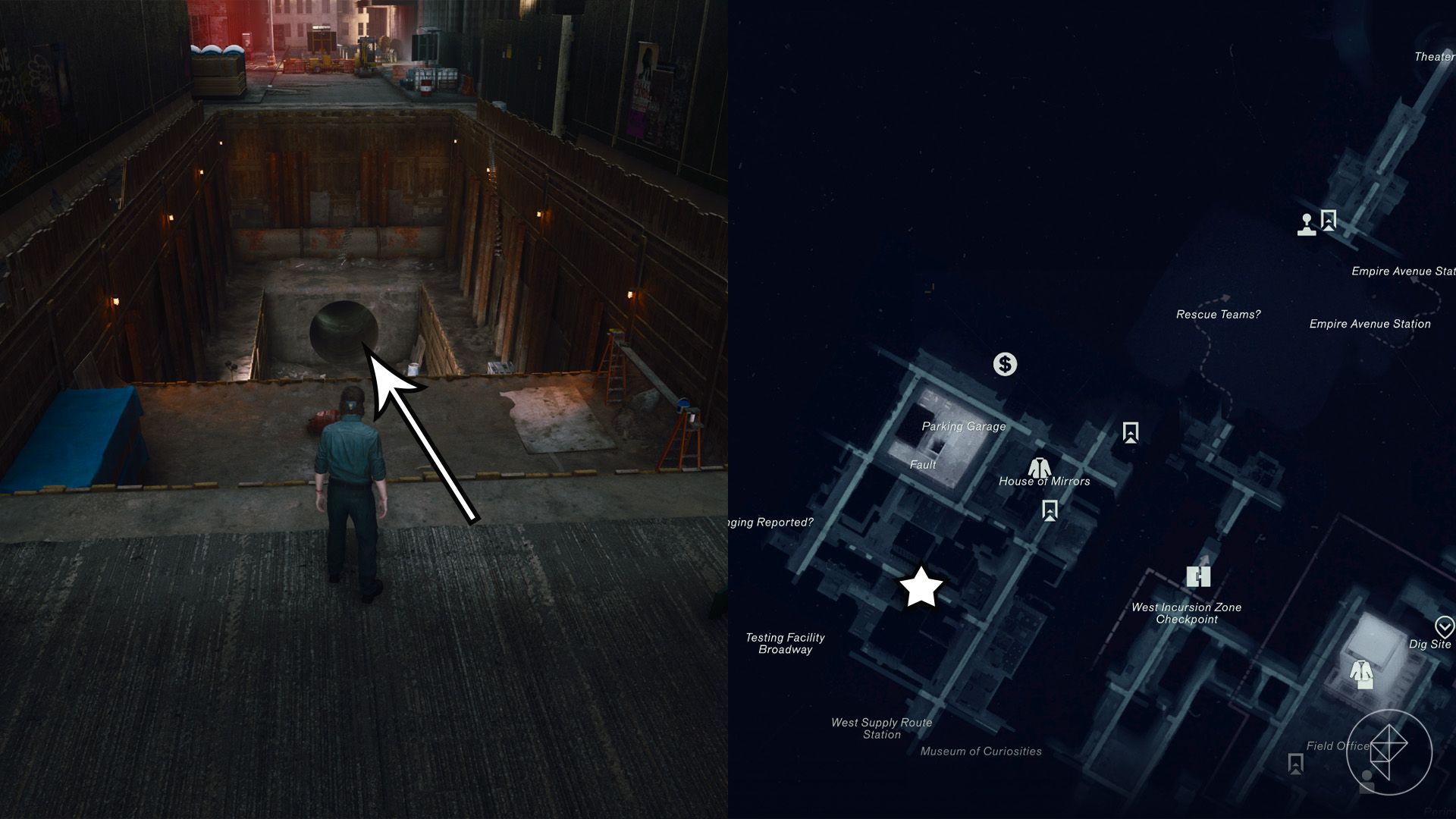 Dylan standing in front of a sewer entrance leading to Test Facility Broadway in the West Incursion Zone in Control Resonant.
