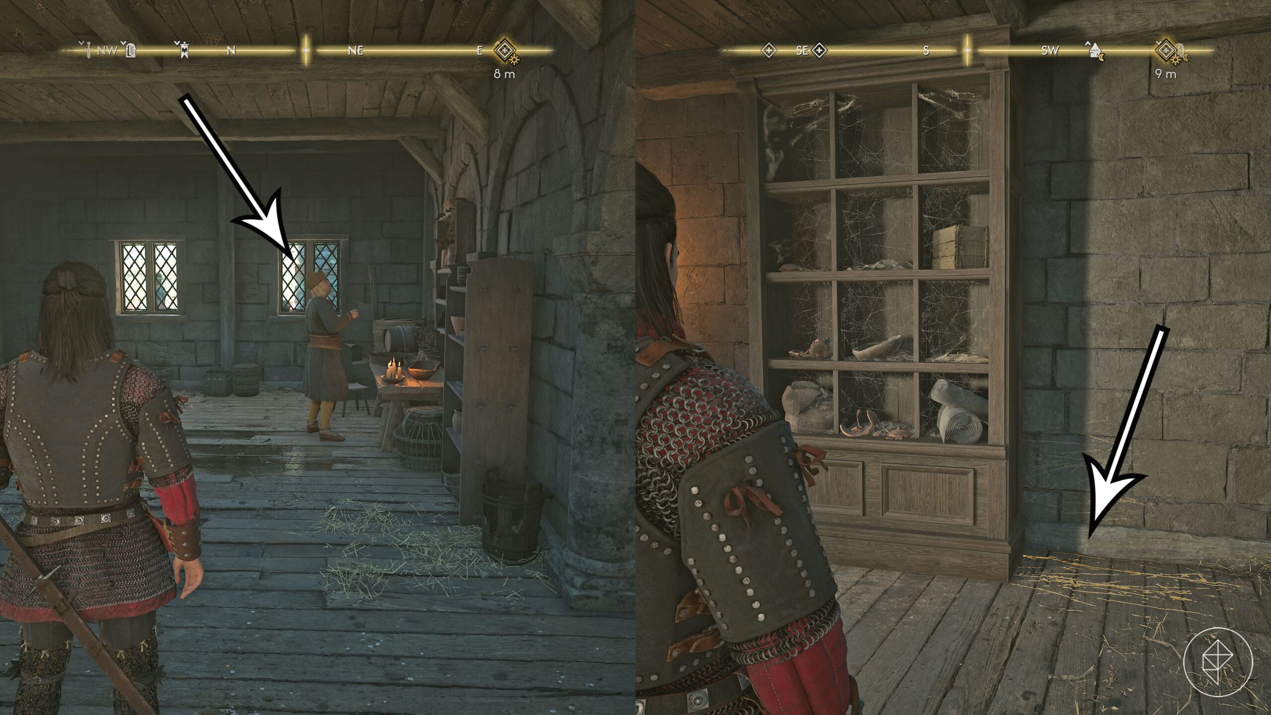 Arrows point to two clues leading to the caretaker in the daytime version of the "A Monk and a Saint" quest in The Blood of Dawnwalker.