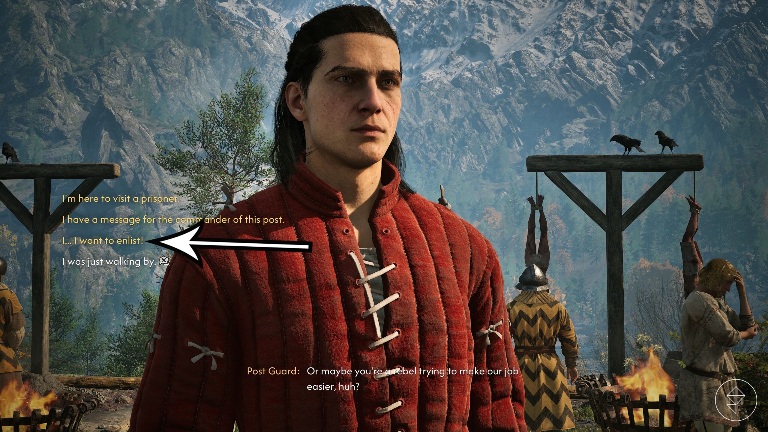 An arrow points to a line that allows Coen to keep his weapon in the "The Firebrand" quest in The Blood of Dawnwalker.