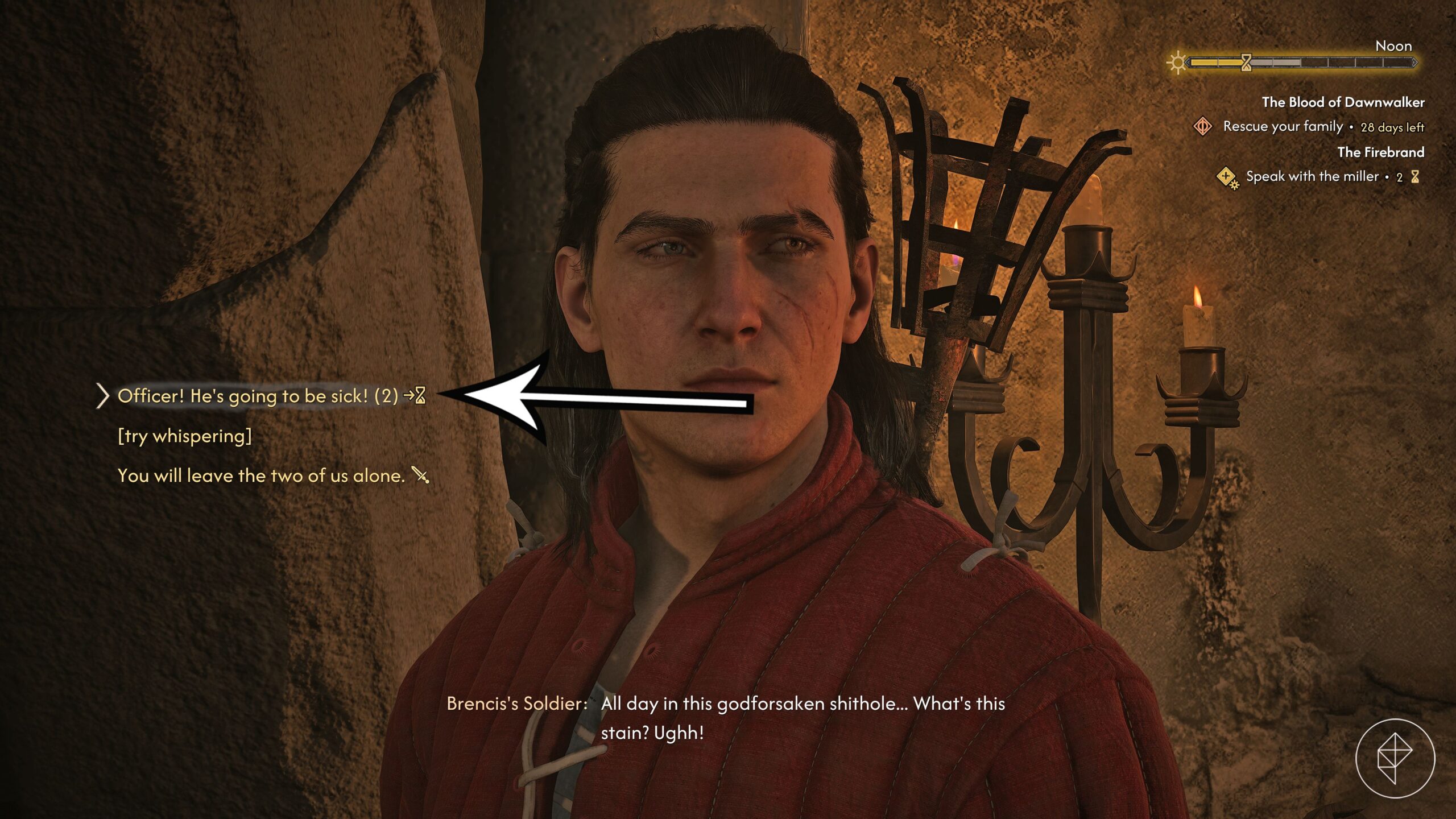 An arrow points to a dialogue line that allows Coen to speak with Mert while the dungeon guard is present during "The Firebrand" quest in The Blood of Dawnwalker.