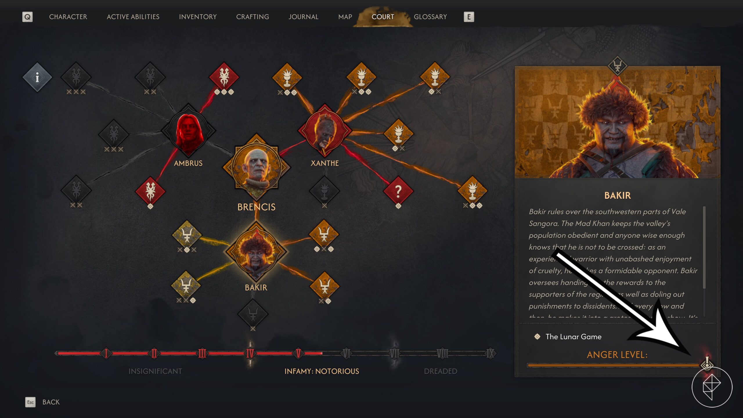 An arrow points to Bakir's max anger level, which is needed to start 'The Lunar Game' in The Blood of Dawnwalker.