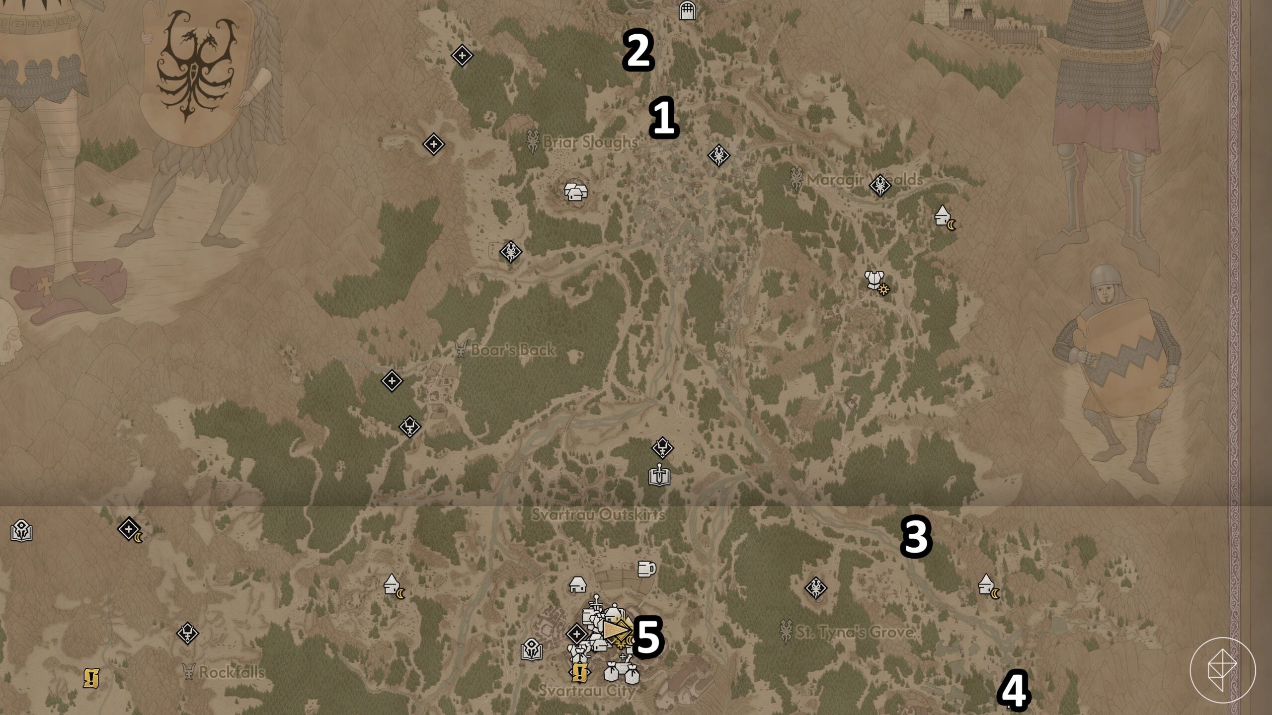 The Blood of Dawnwalker map showing the best early game quest locations.