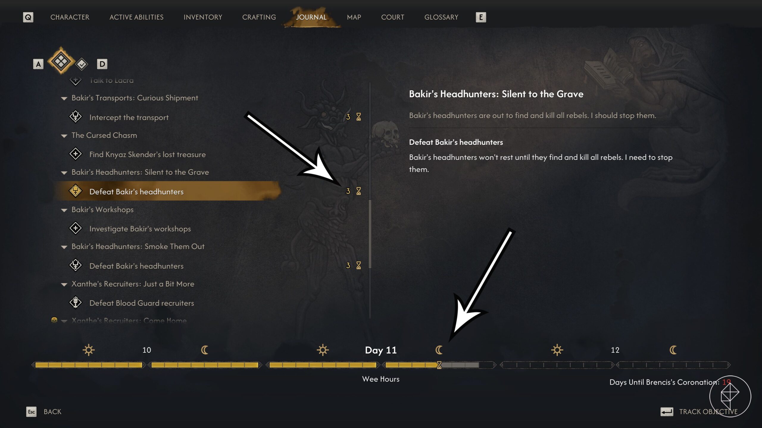 Arrows point to time cost indicators in The Blood of Dawnwalker.