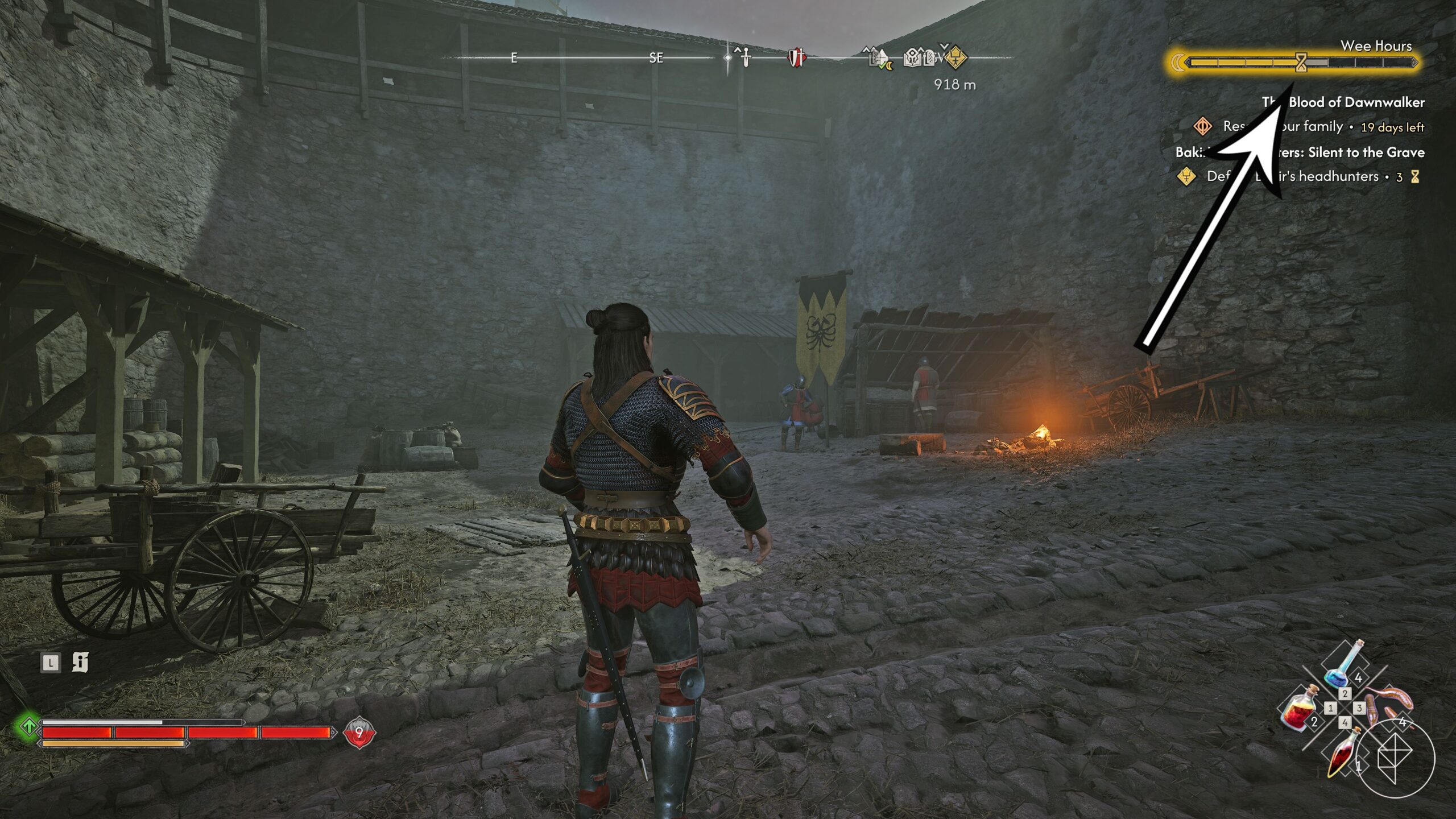 An arrow points to the time gauge in The Blood of Dawnwalker.