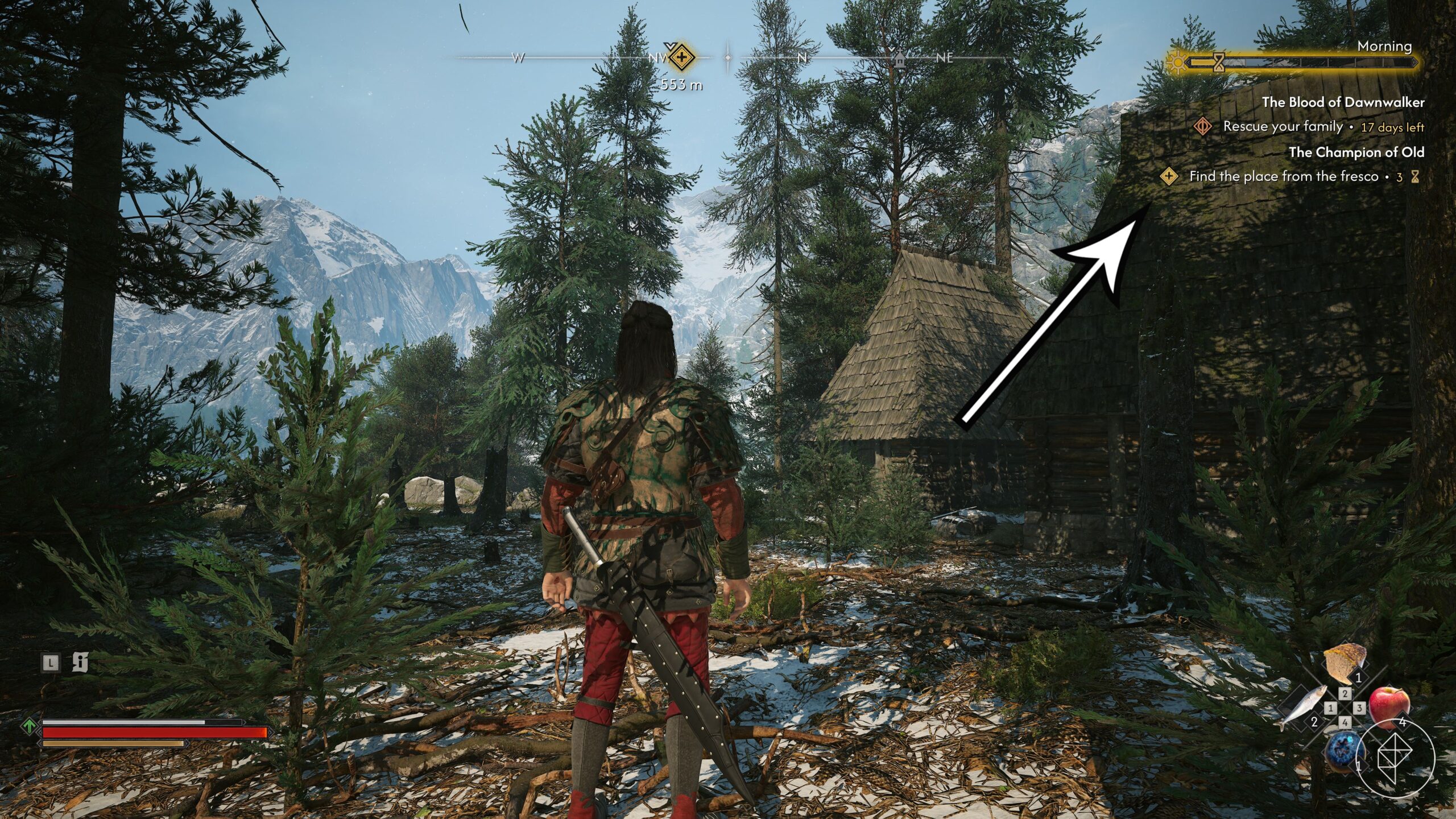 An arrow points to the time bar in The Blood of Dawnwalker.