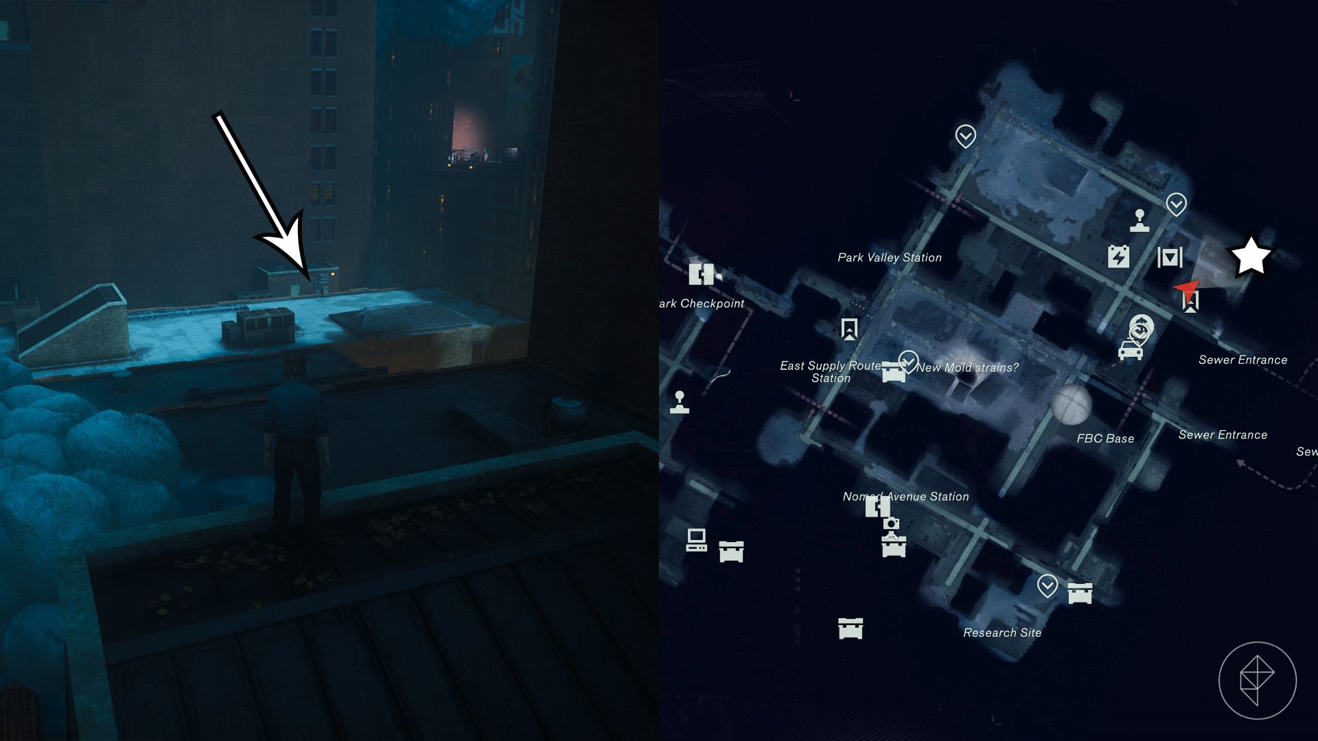 Dylan standing on a rooftop looking toward the location of a dog in Control Resonant.