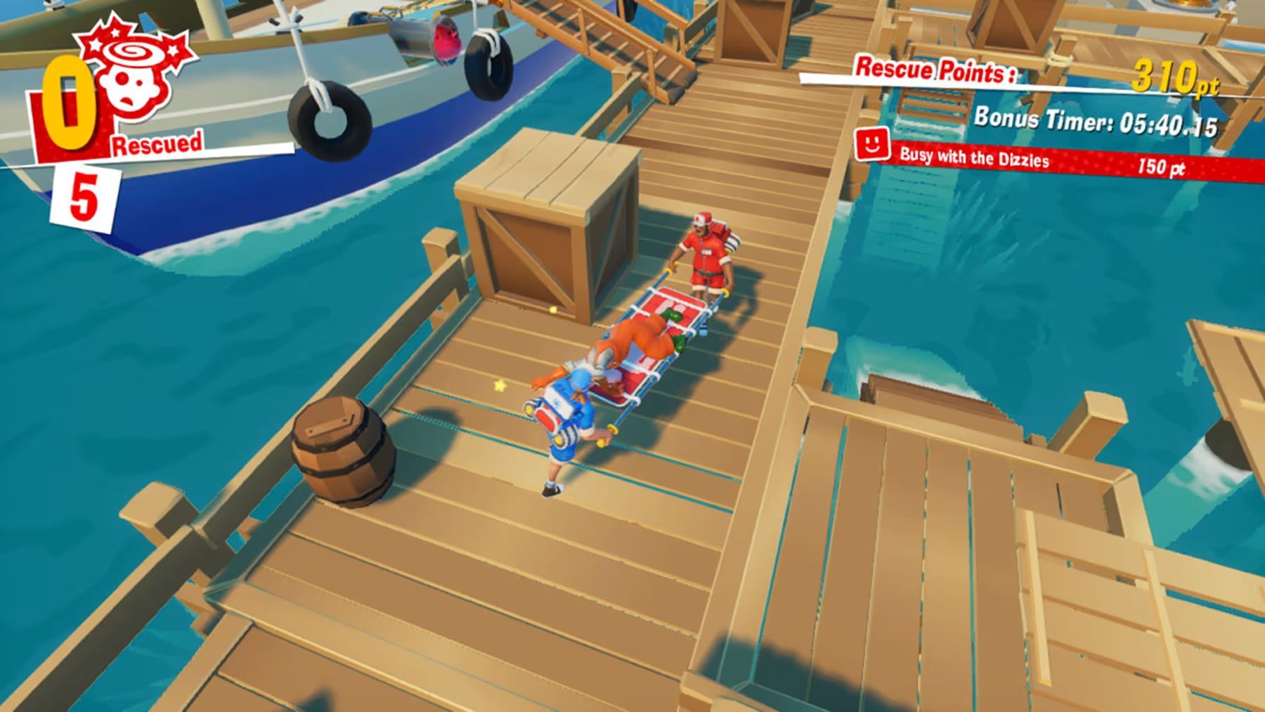 Paramedics carry a dazed patient on a stretcher at the docks.