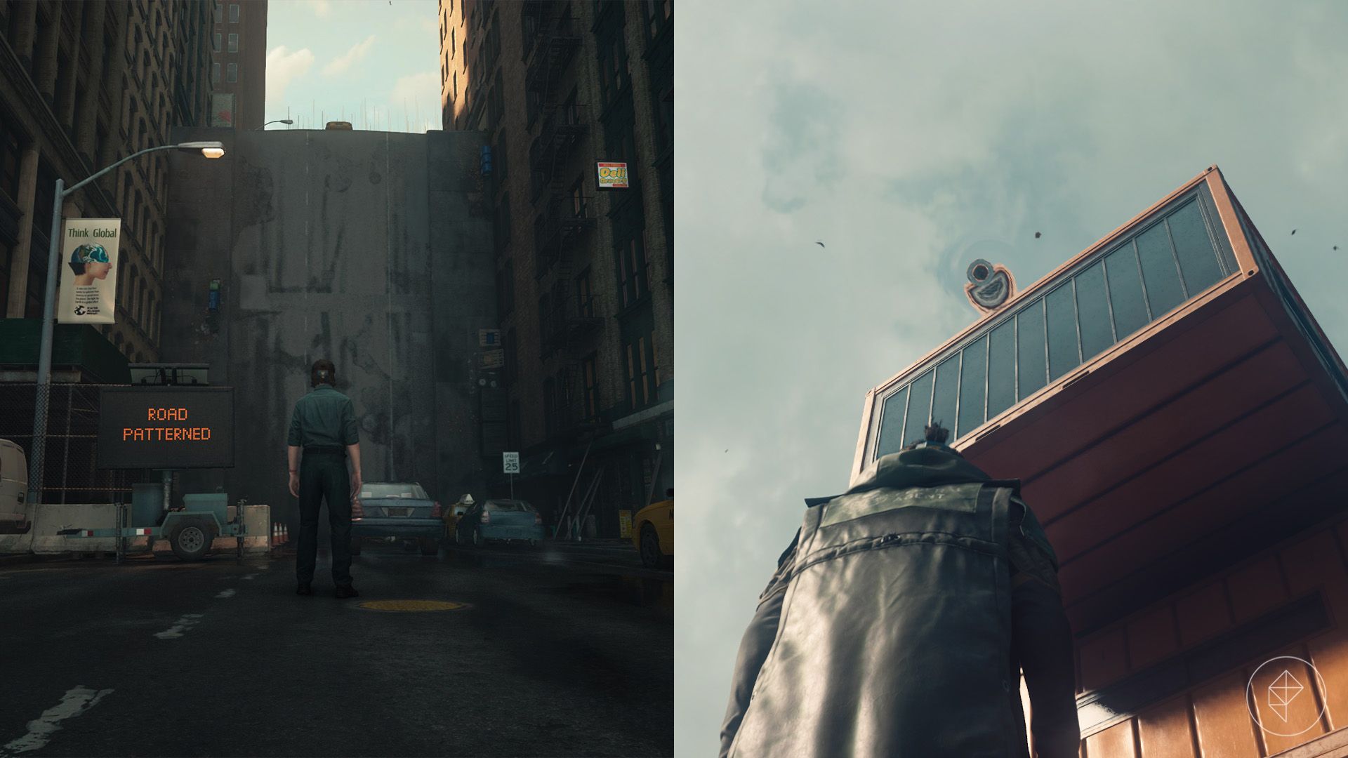 Dylan Faden standing in front of a vertical road and a translucent orb floating beside a building in Control Resonant.