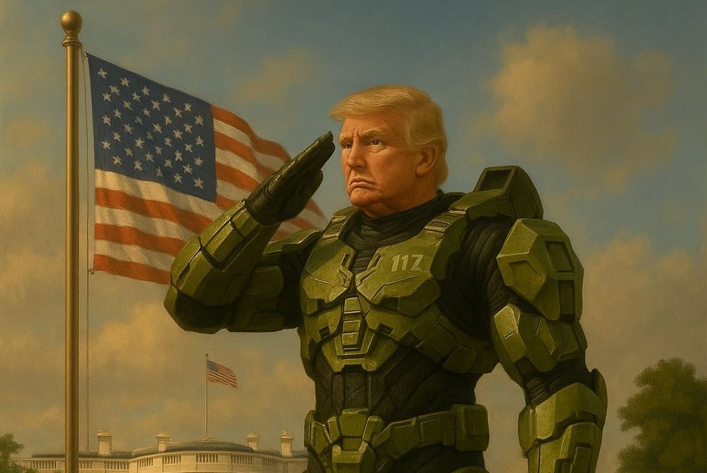An AI-generated image of President Trump, saluting the flag while wearing Halo's iconic armor. 