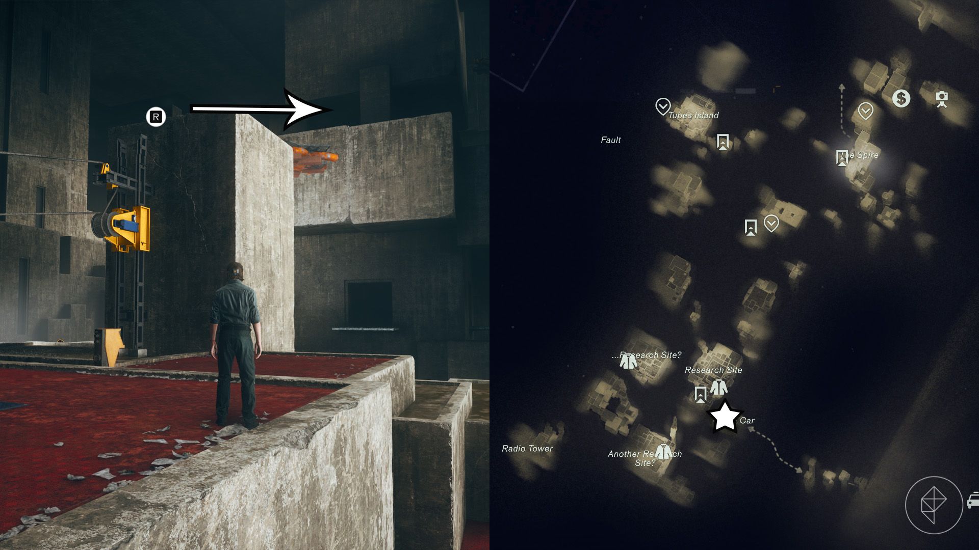 Dylan standing beside a metal pillar beside a stone wall in Control Resonant.