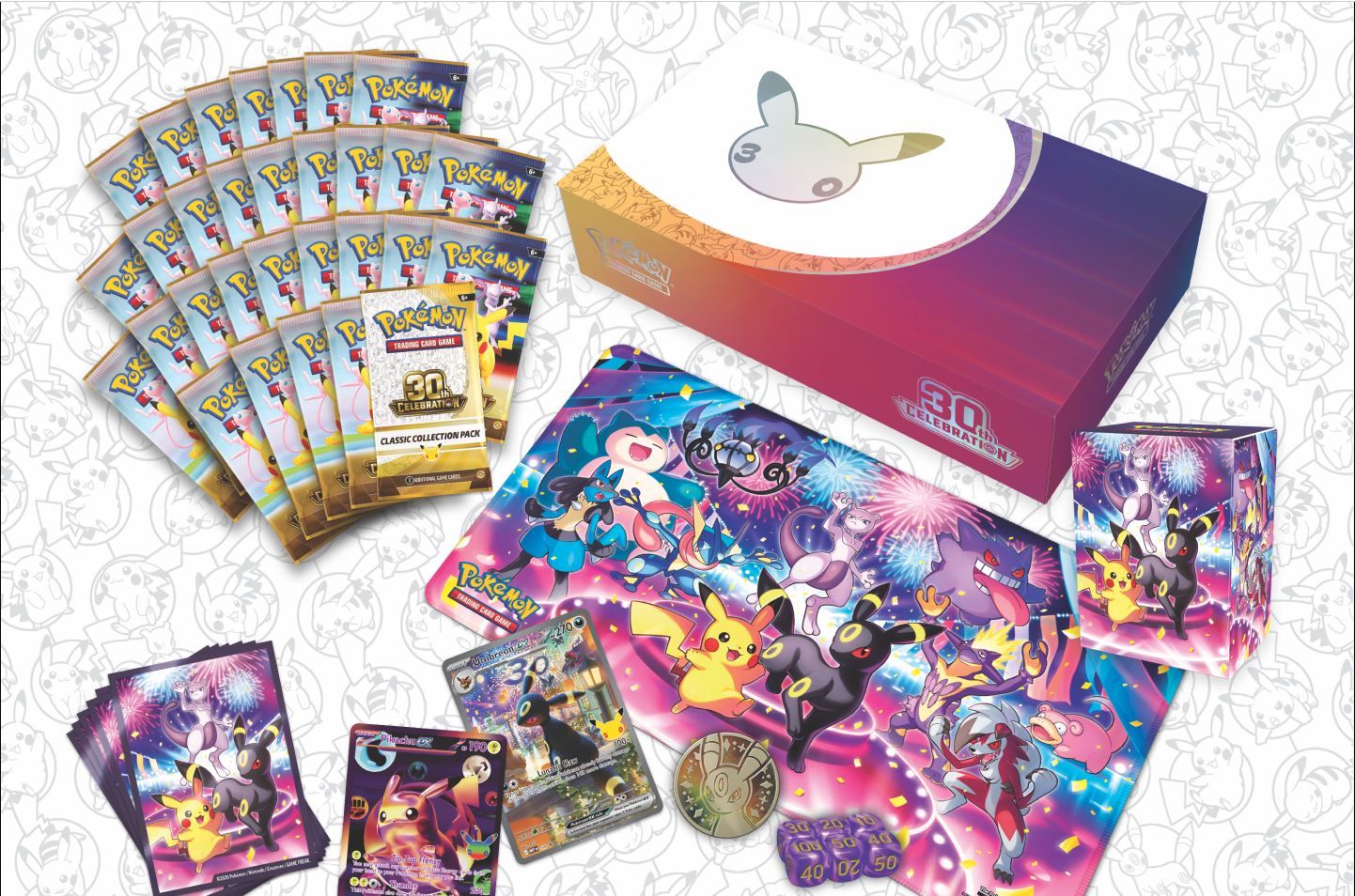 All the items contained in Pokemon's 30th anniversary Ultra Premium Collection that is themed around day and night cycles. 