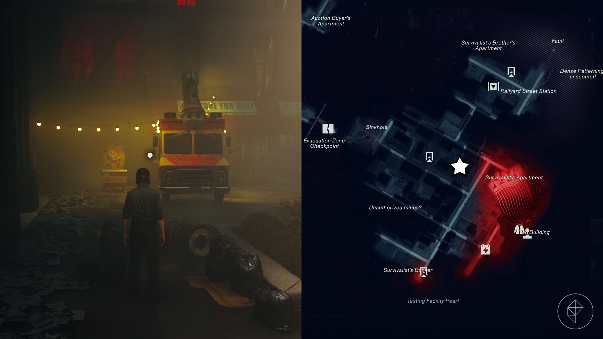 Dylan standing in front of an ice cream stand and truck in the Evacuation Zone in Control Resonant.