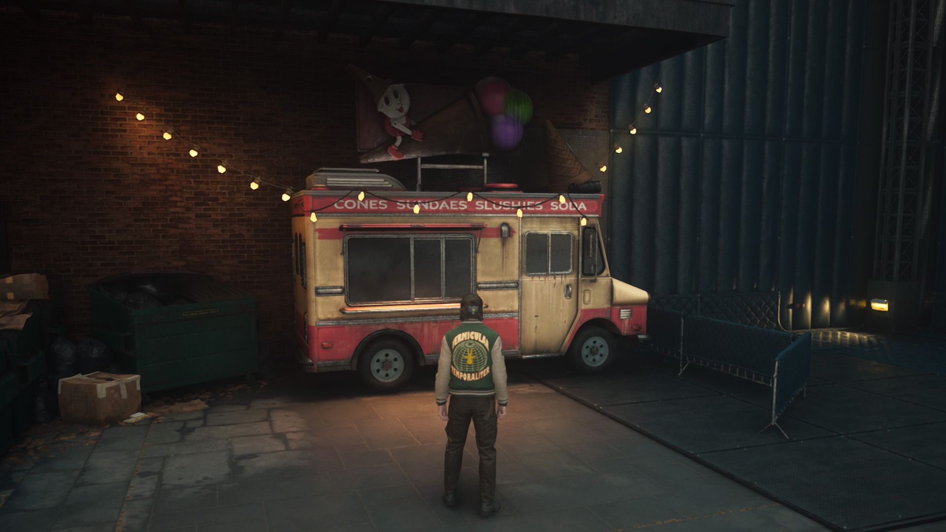 Dylan standing in front of a vendor, which looks like an ice cream truck, in Control Resonant.