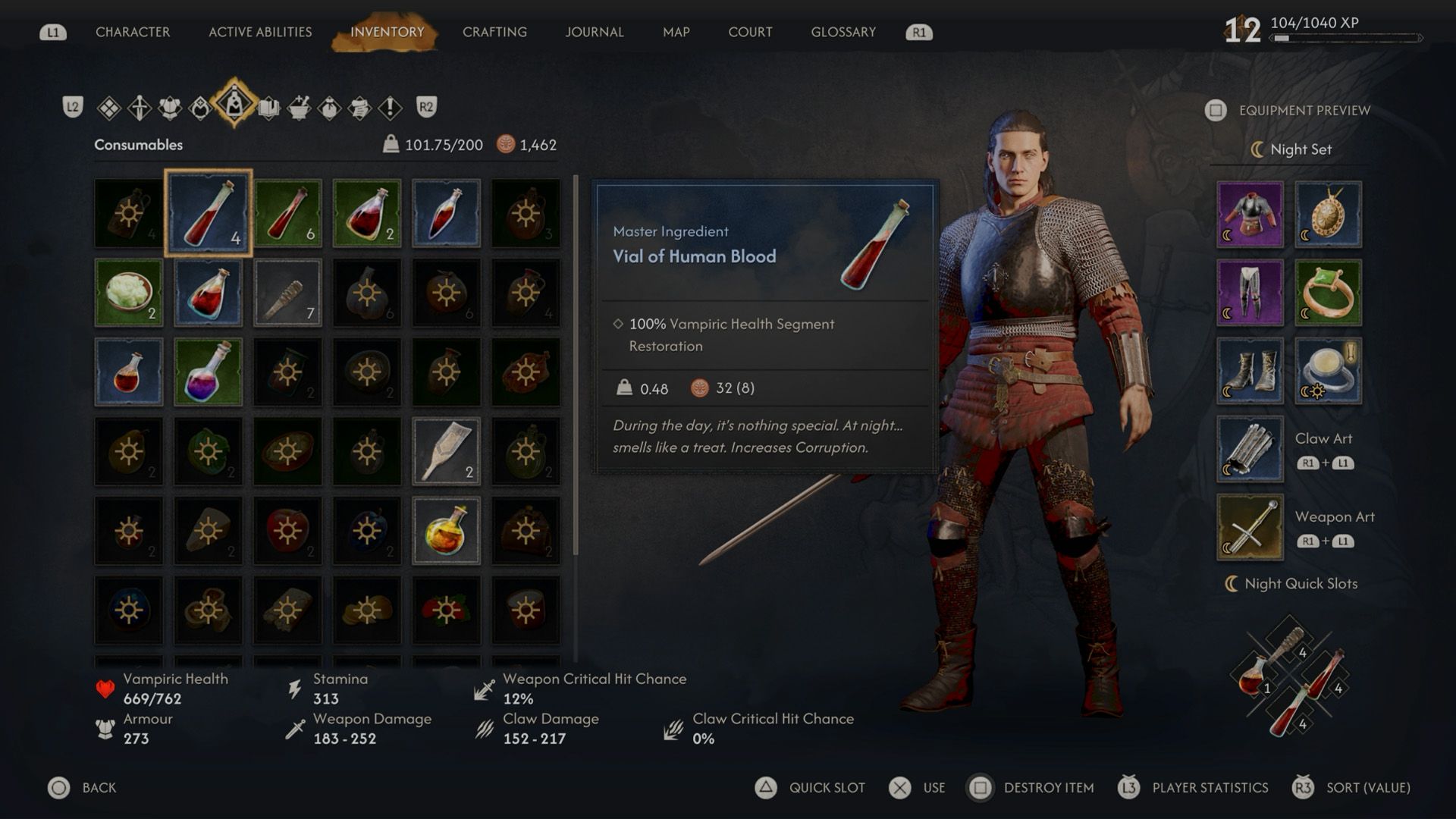 The consumable menu found in the inventory of The Blood of Dawnwalker.