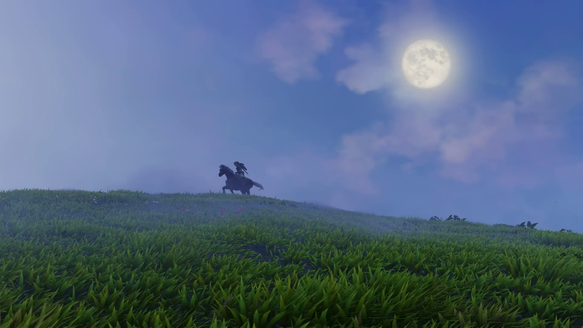 Link rides Epona across Hyrule Field at night