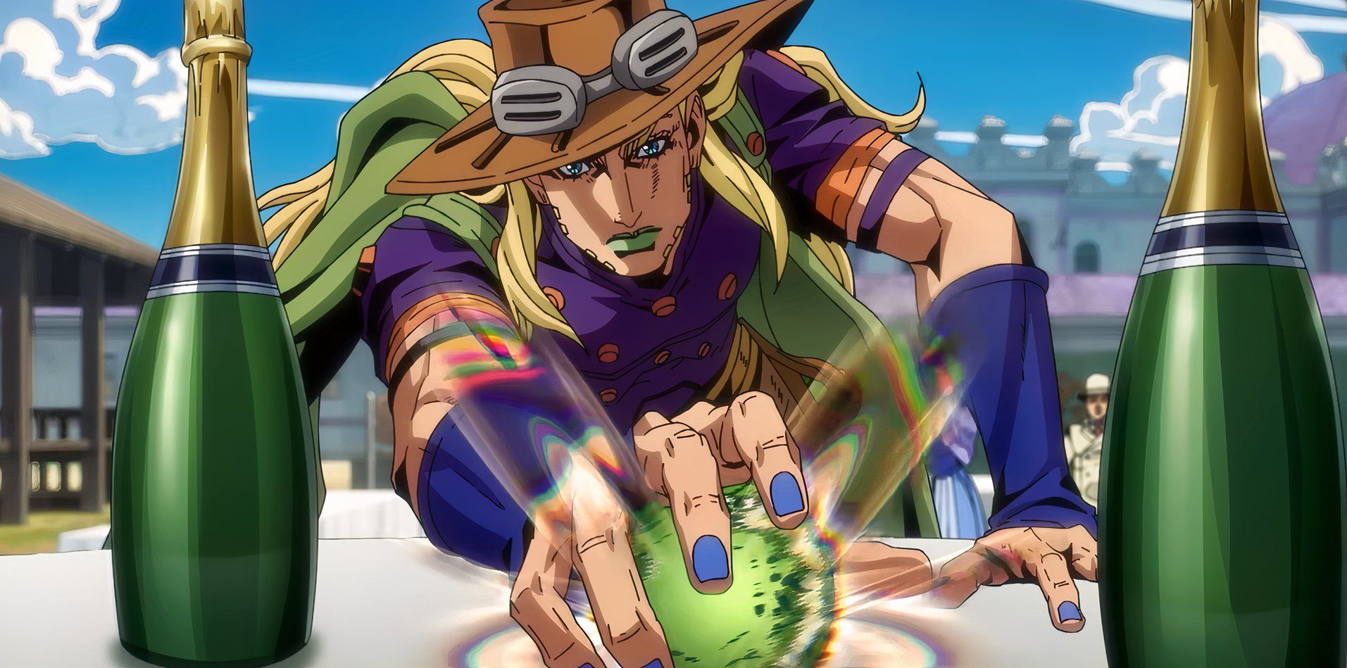 Gyro Zeppeli spins his steel balls to disrupt an event in Steel Ball Run