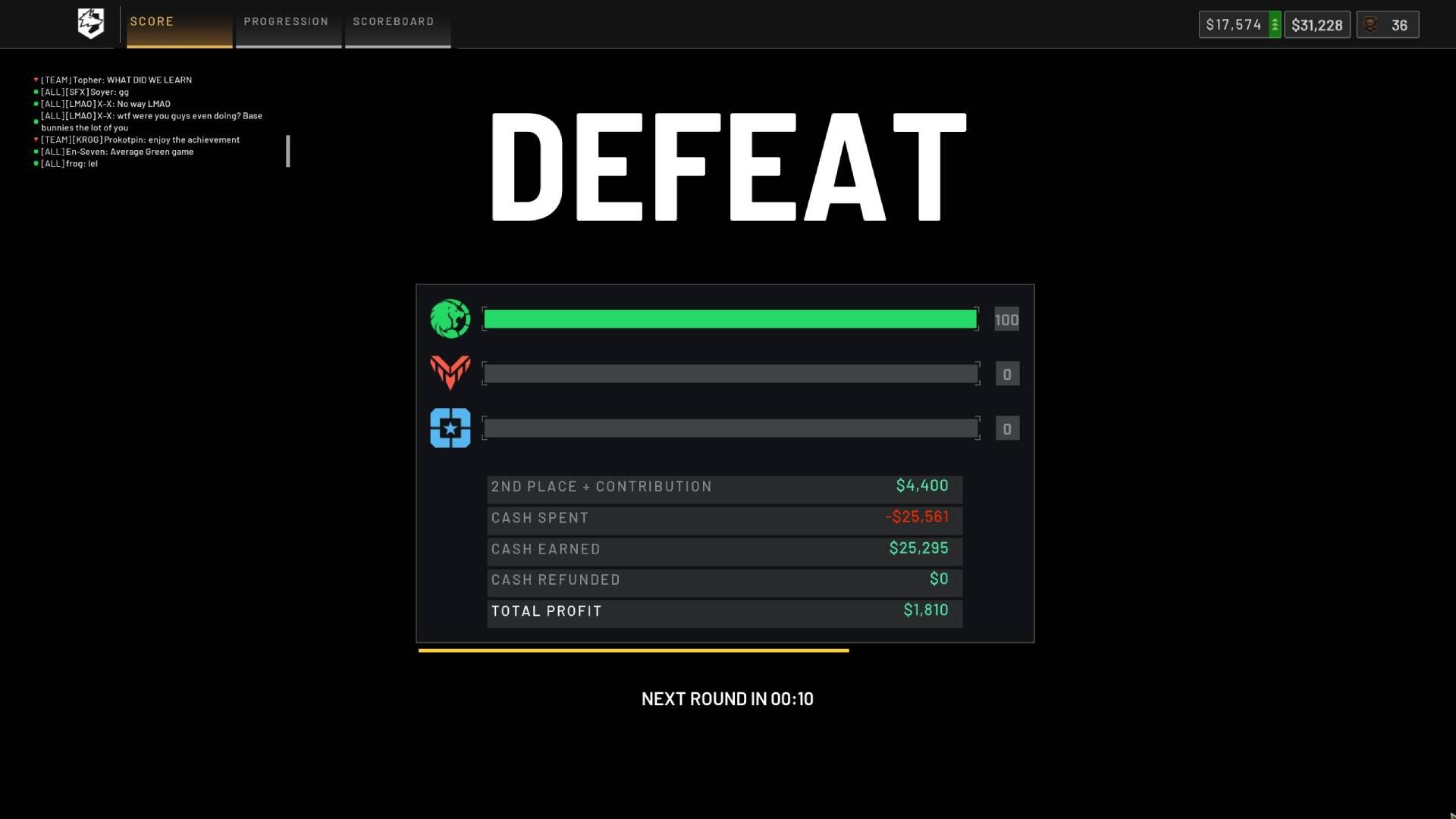 A screenshot of the post-game in Wardogs with green team winning 100-0-0.