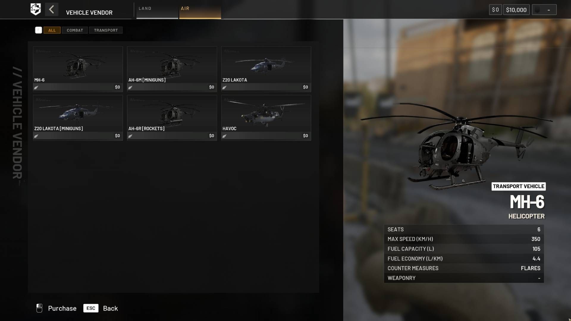 Buying a helicopter from the vendor in Wardogs.