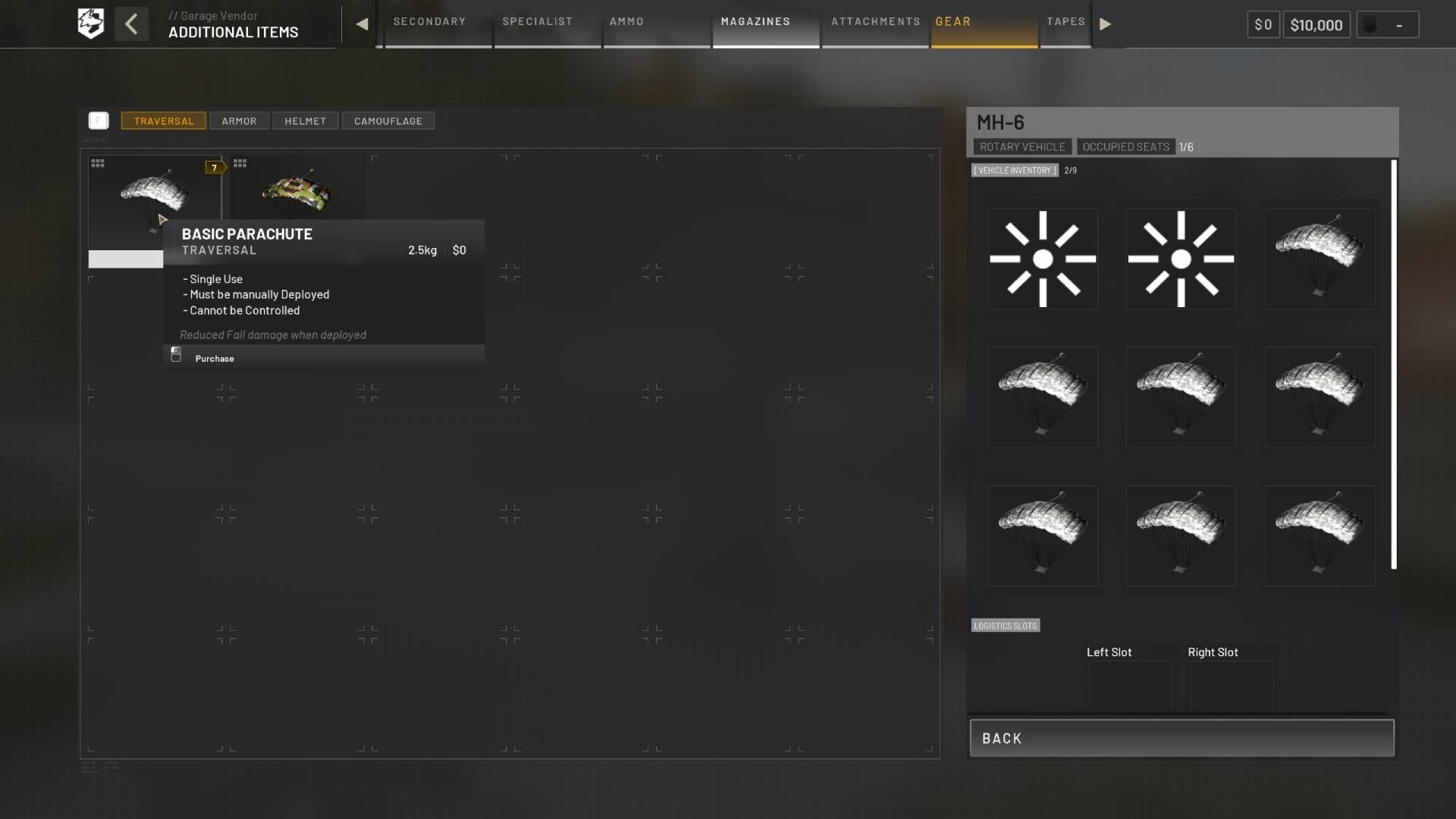 A helicopter inventory full of parachutes in Wardogs.