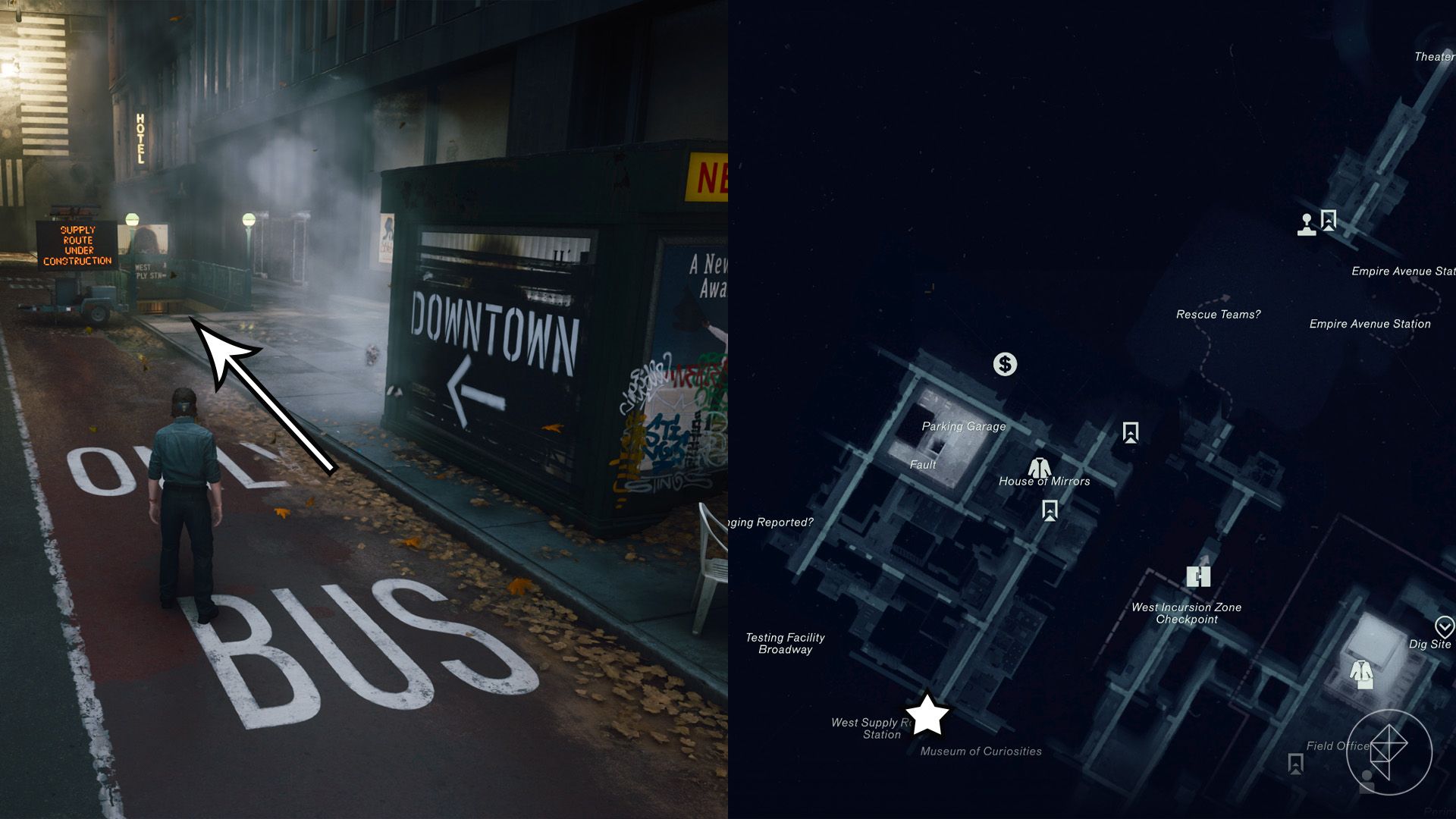 Dylan standing in front of a subway entrance that leads Downtown in Control Resonant.
