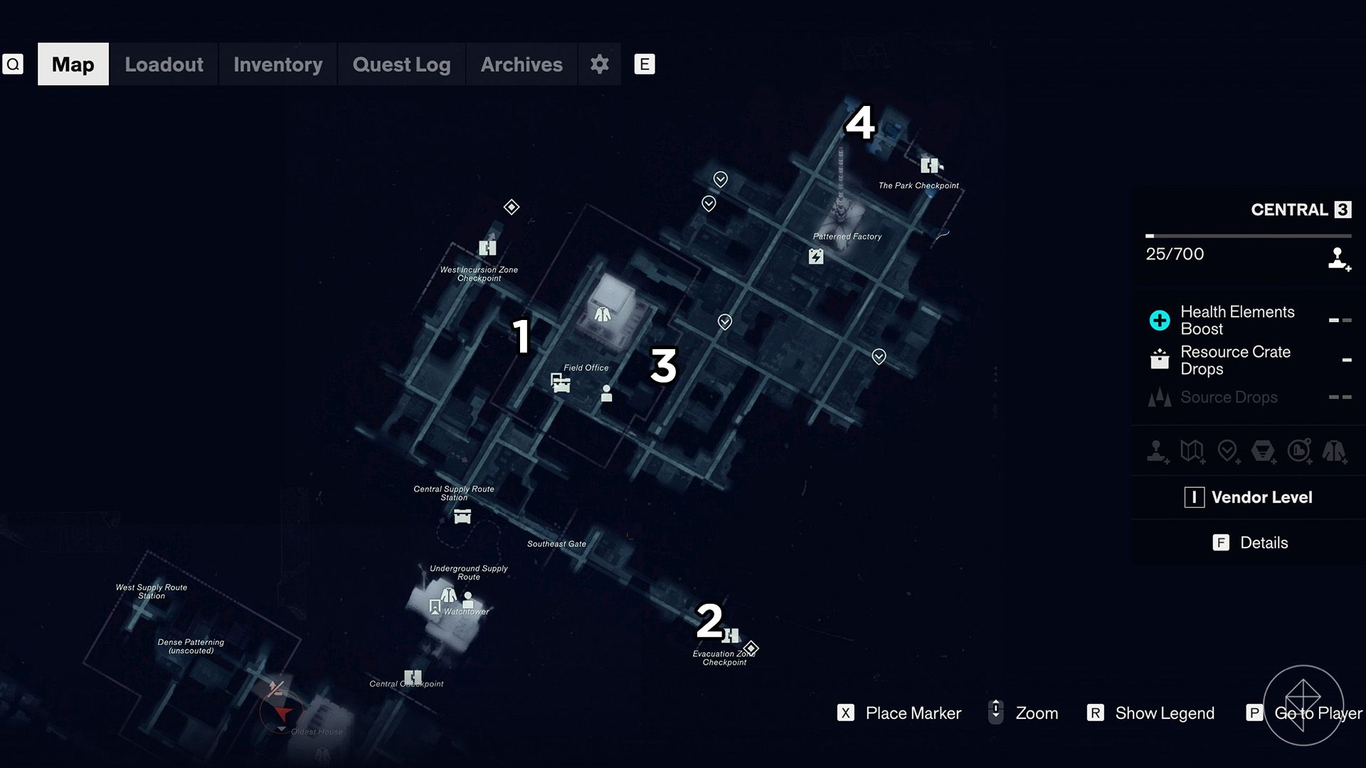 A map of Central marked with the entrances of each zone in Control Resonant.