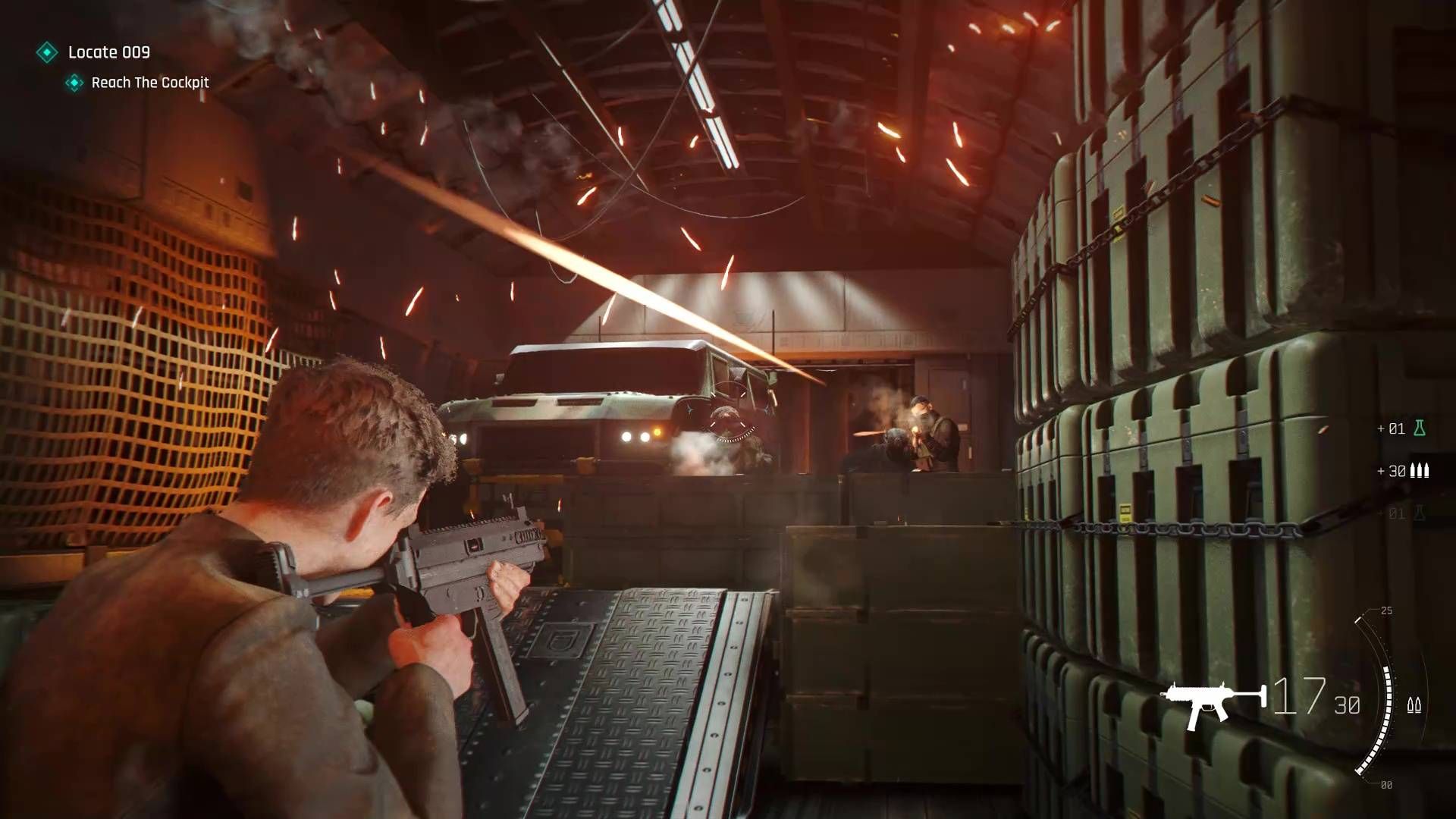 Bond shooting an SMG on a plane during 007 First Light.