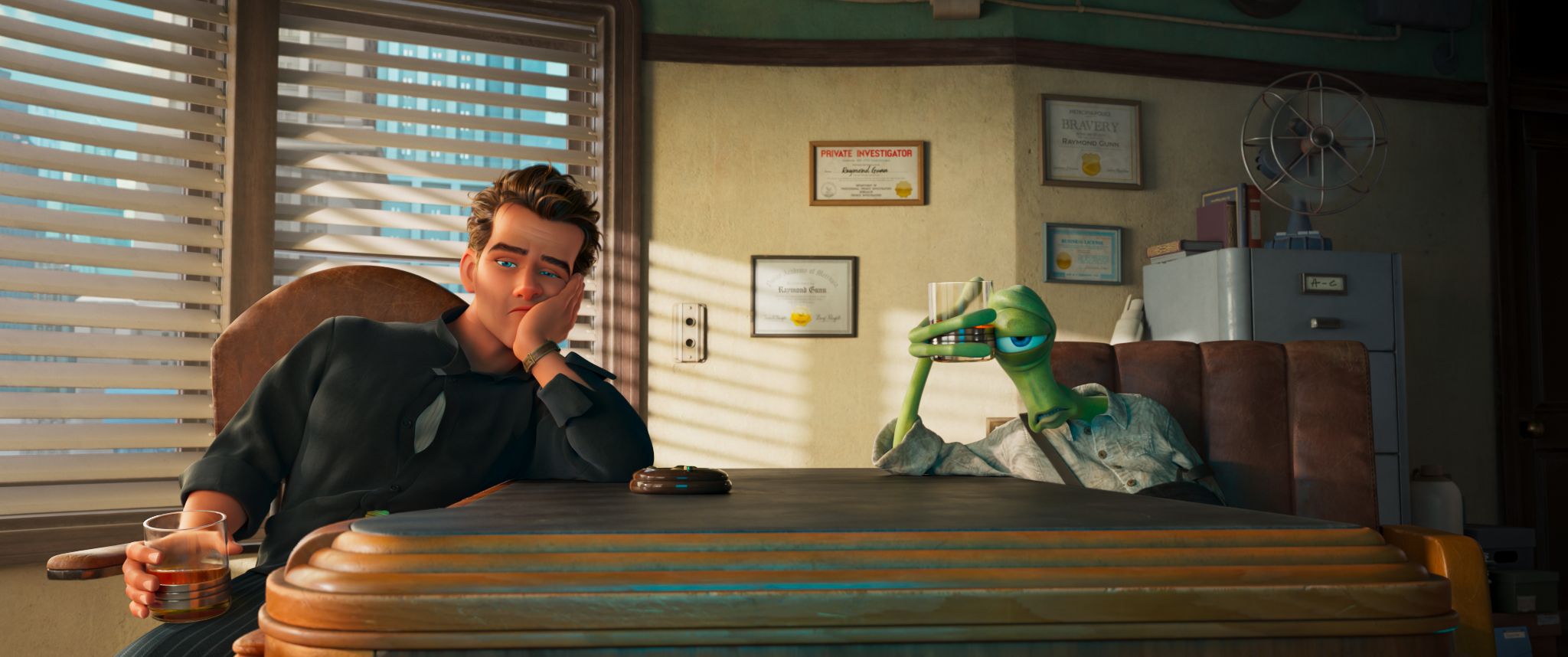 Ray and Eye slumped over on a desk drinking whiskey in Ray Gunn