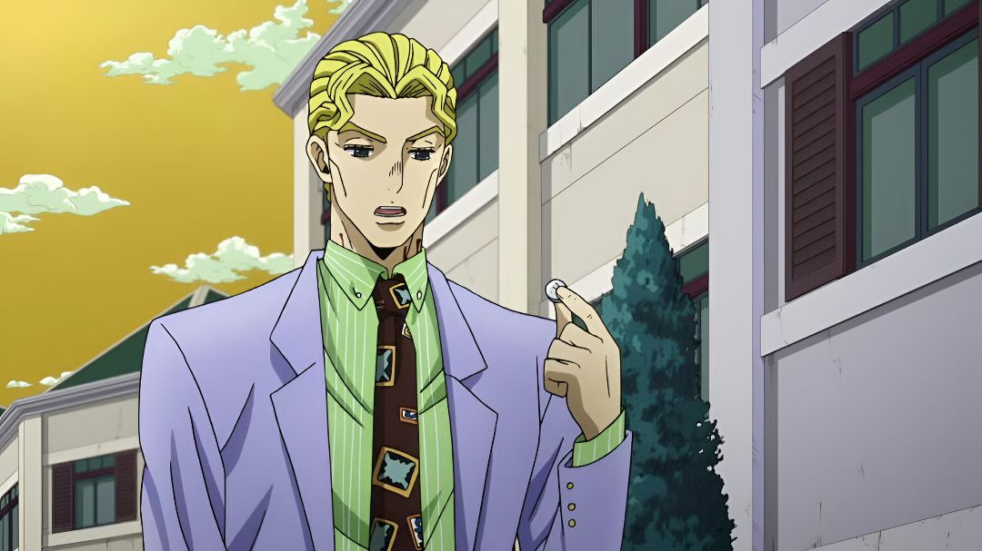 Kira picks up a quarter and speaks in JoJo: Diamond is Unbreakable