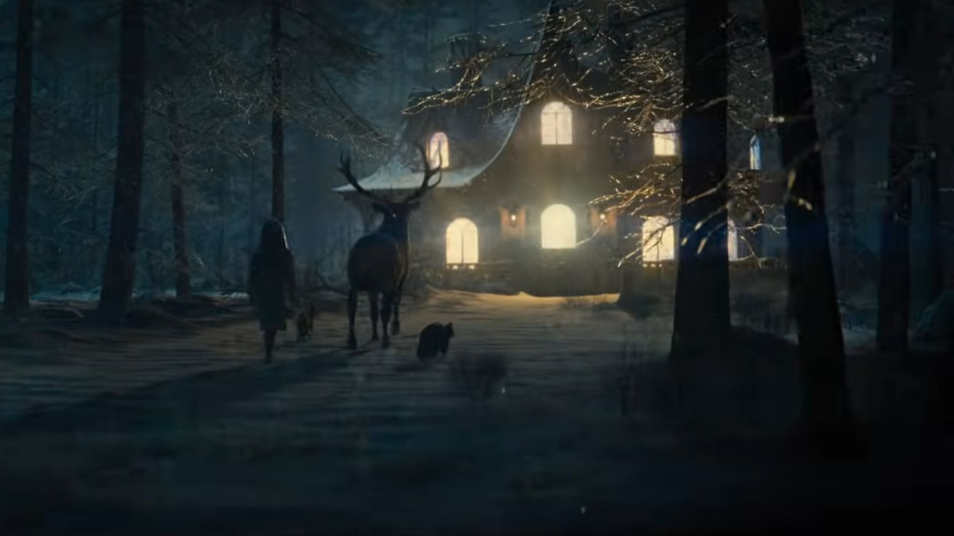 A mystery character and three animals approach a very bright house in Disclosure Day