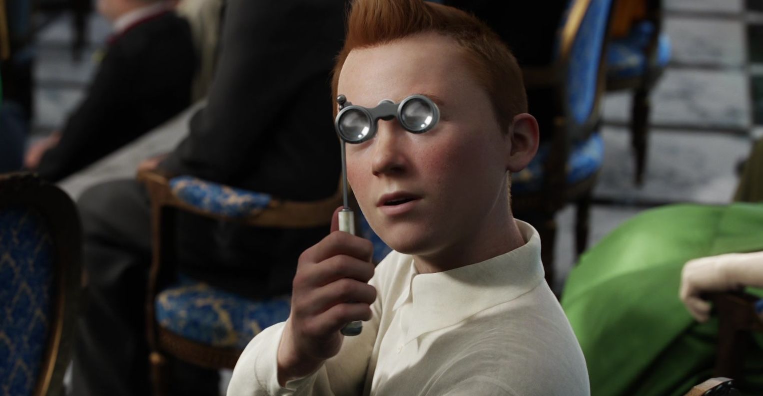 Tintin looking through opera glasses