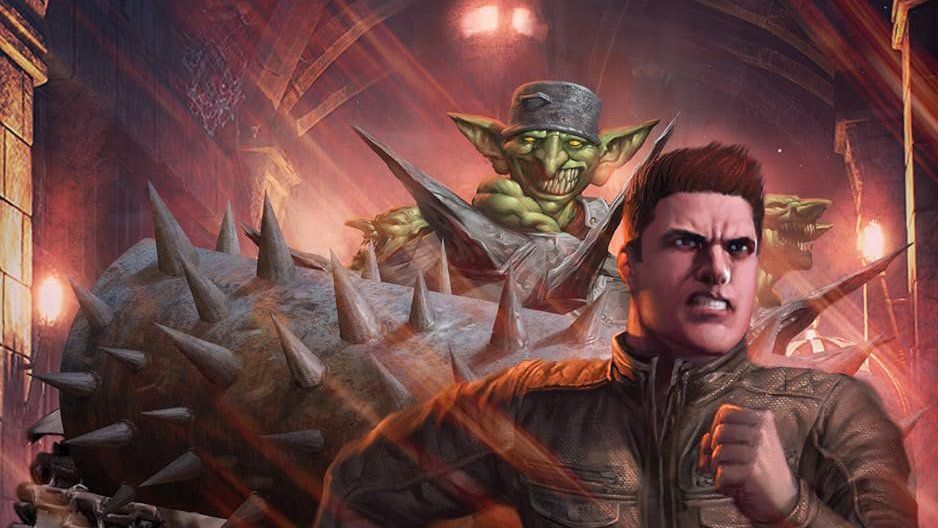 Carl wearing a military jacket runs from a group of goblins driving a very spiky tank in Dungeon Crawler Carl