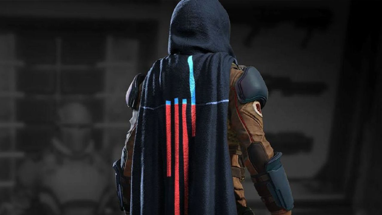 A Helldivers 2 character stands with its back to the camera, wearing a cape with a design based on its massive Steam user review score dip.